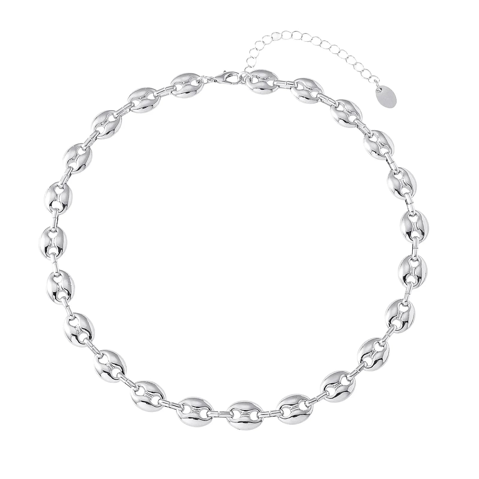 Silverfärgat halsband, kedja med kaffebönslänkar - 42+7 cm