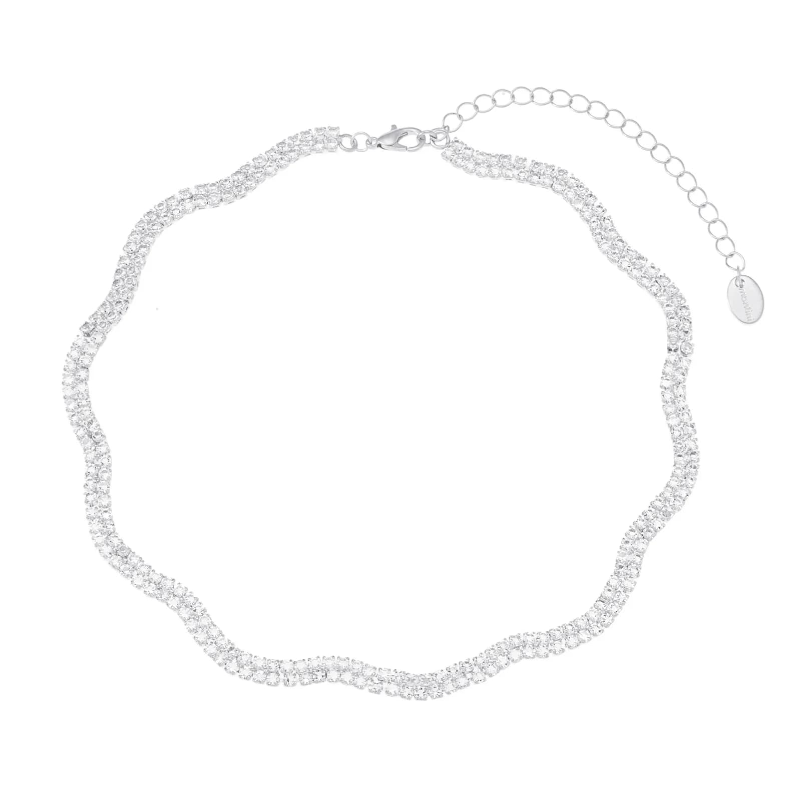 Silverfärgat halsband, vågig dubbelradig glaskristall - 42+7 cm