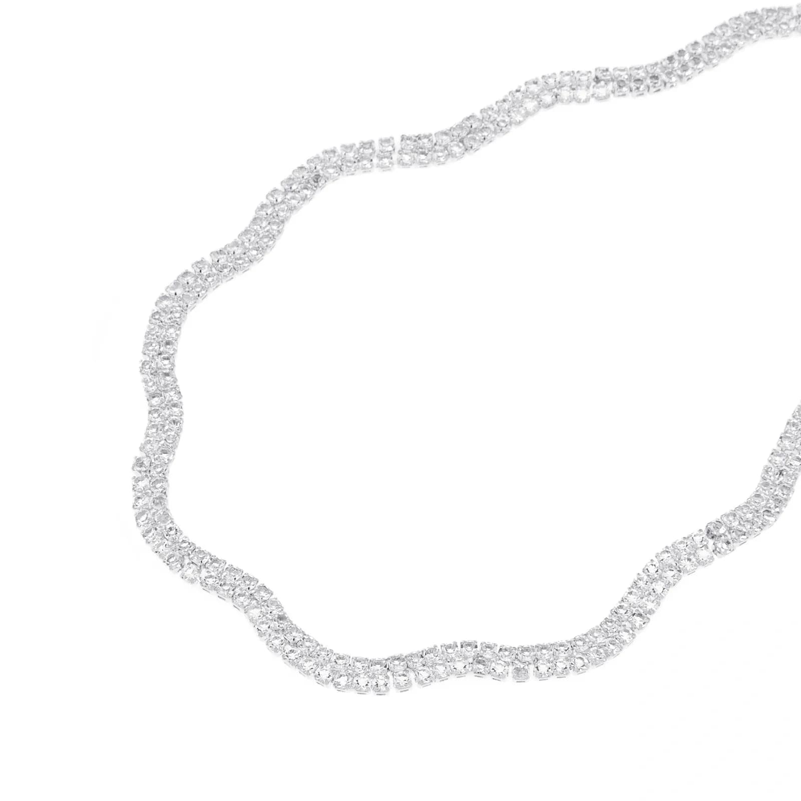 Silverfärgat halsband, vågig dubbelradig glaskristall - 42+7 cm 2