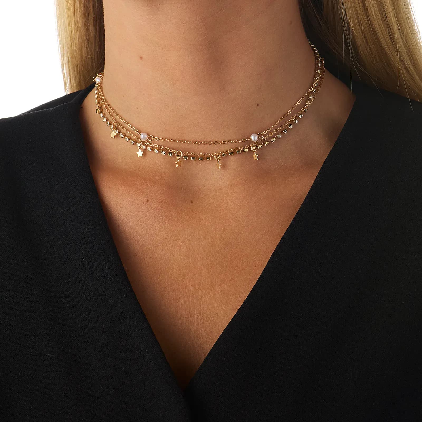 Guldfärgat halsband, 3-pack choker med stjärnor - 32+7 cm 3