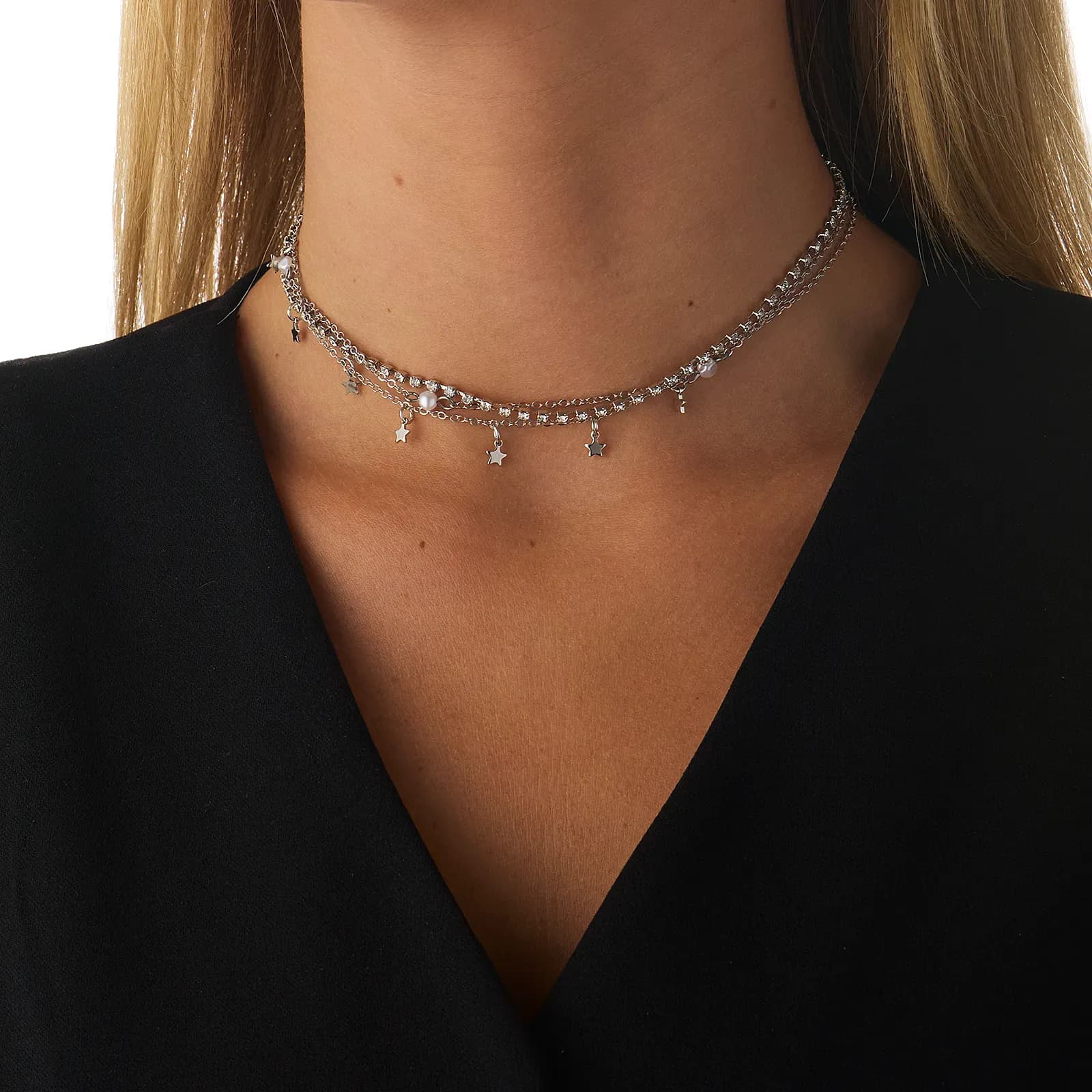 Silverfärgat halsband, 3-pack choker med stjärnor - 32+7 cm 3