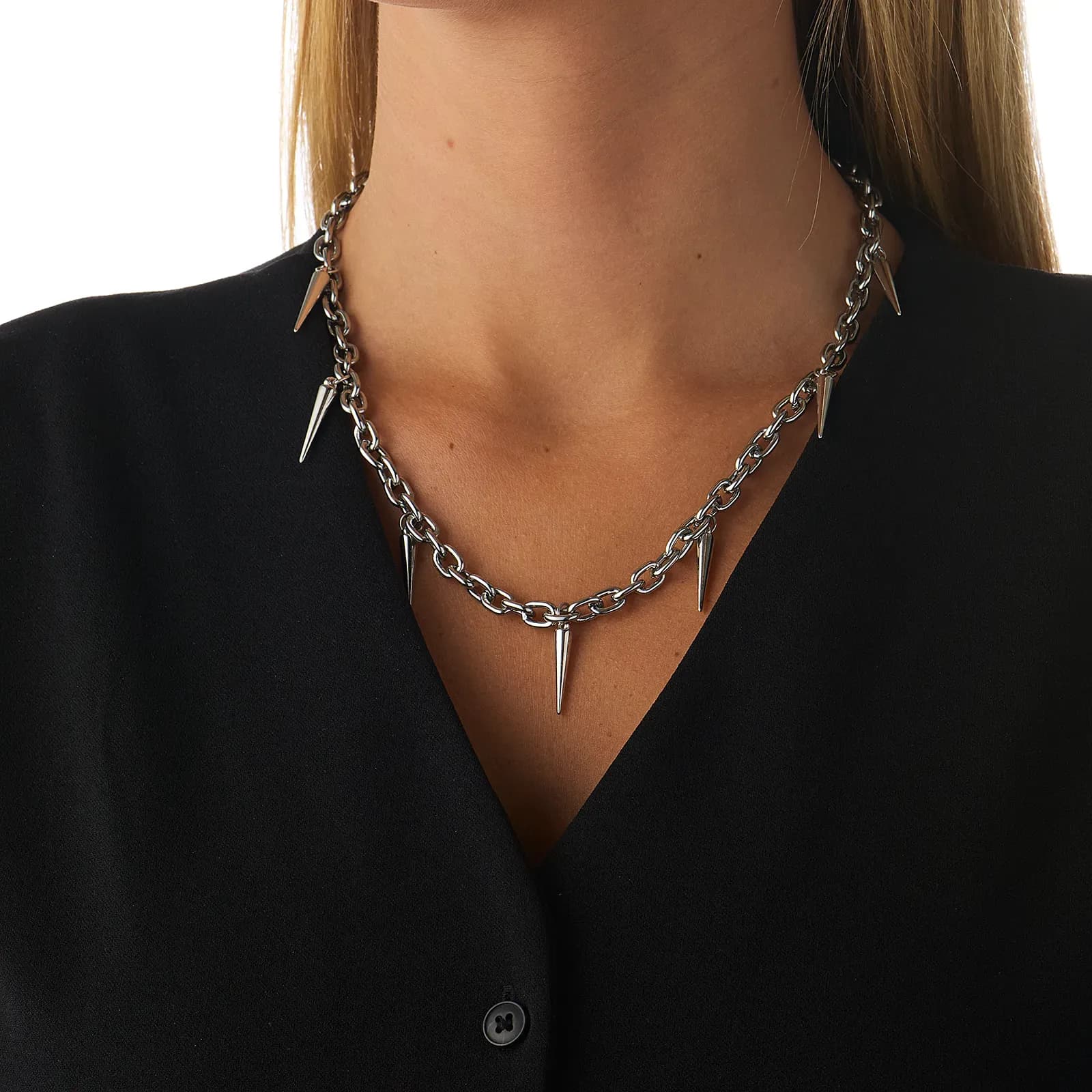 Silverfärgat halsband, grov länk med nitar - 42+7 cm 3