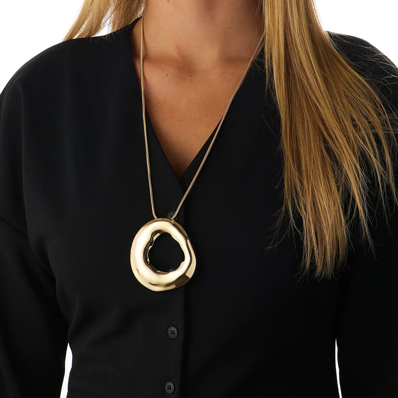 Guldfärgat halsband, ormkedja med hammrad ring - 66+7 cm 3