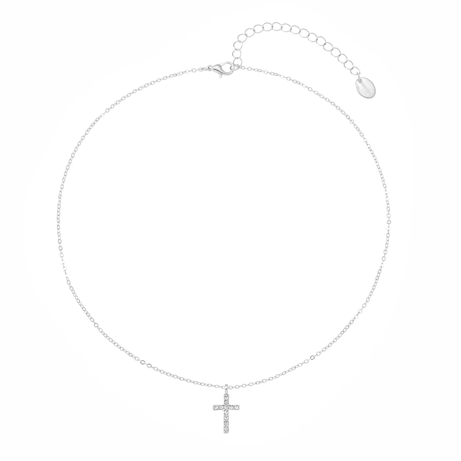 Silverfärgat halsband, kors med glasstenar - 42+7 cm