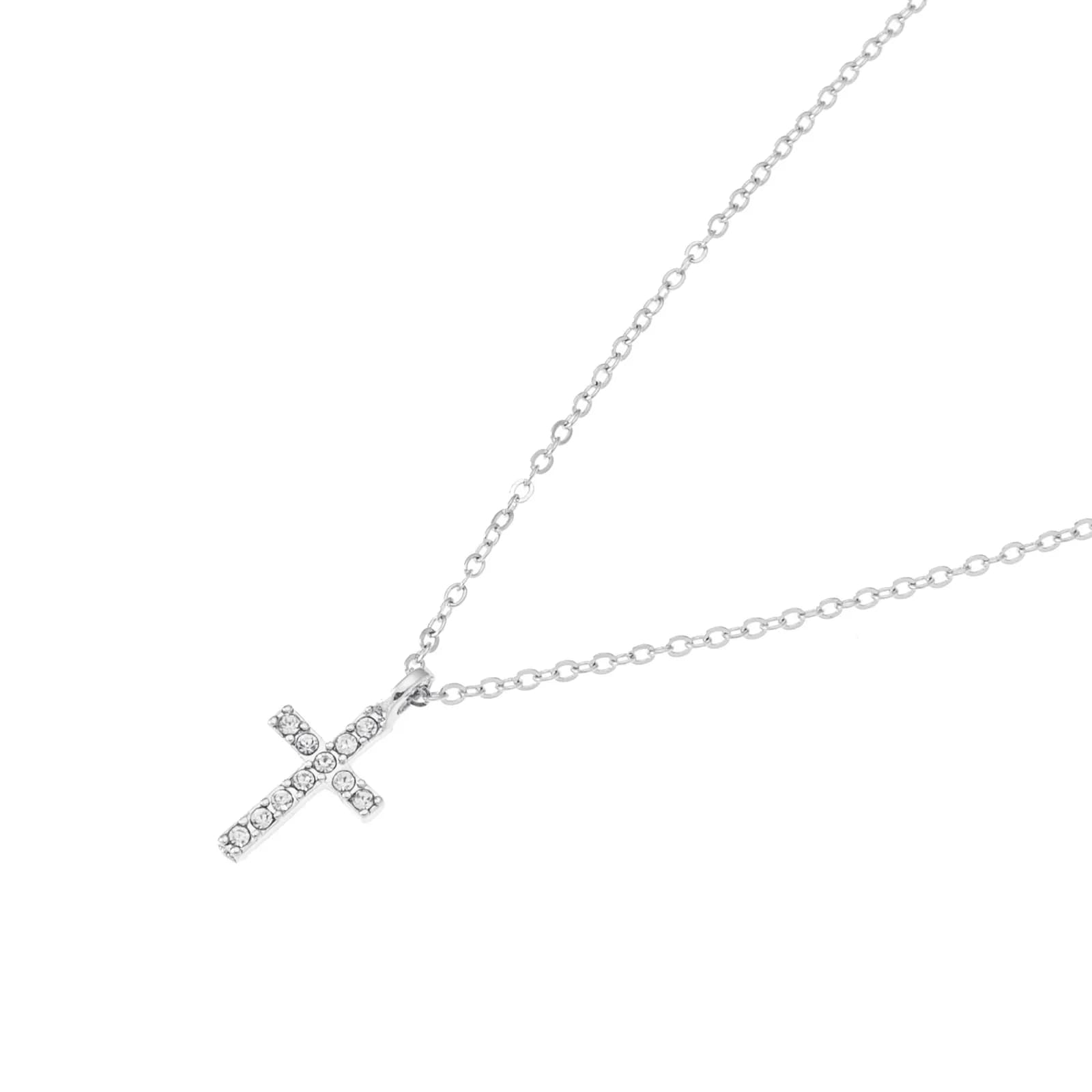 Silverfärgat halsband, kors med glasstenar - 42+7 cm 2