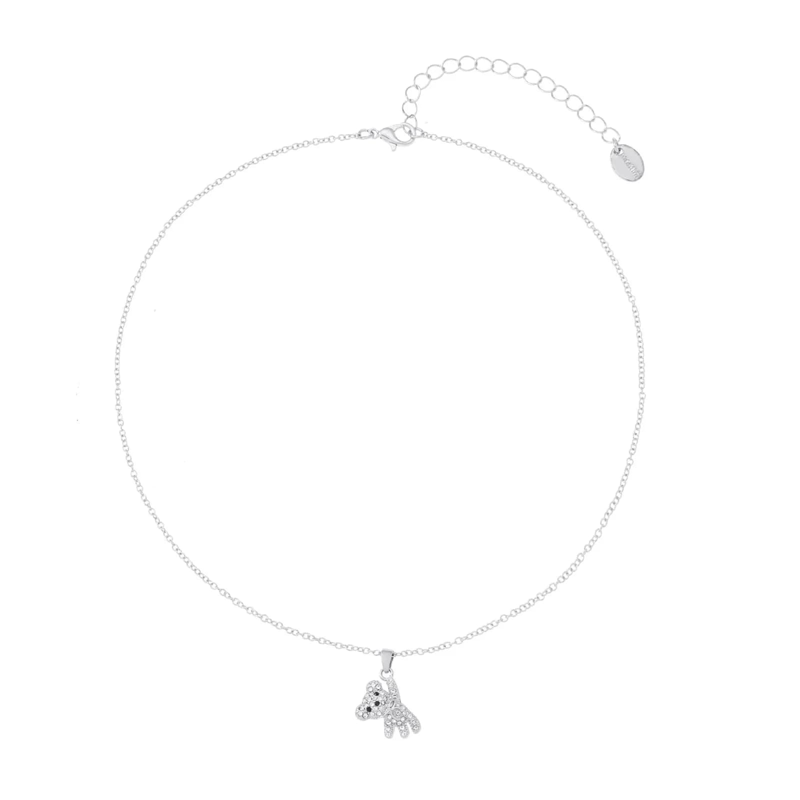 Silverfärgat halsband, nallebjörn med glasstenar - 42+7cm