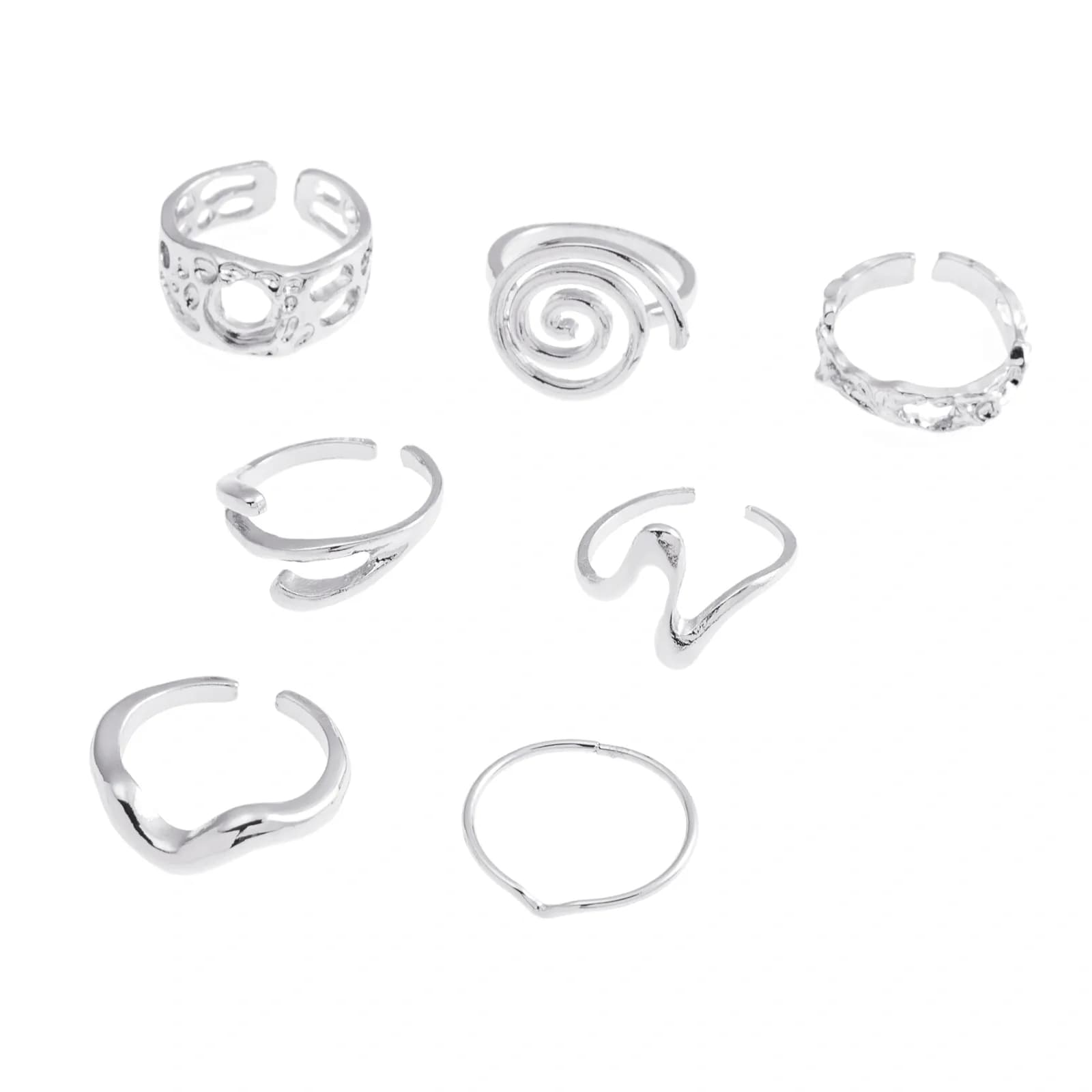 Silverfärgade ringar 7-pack, varierande mönster