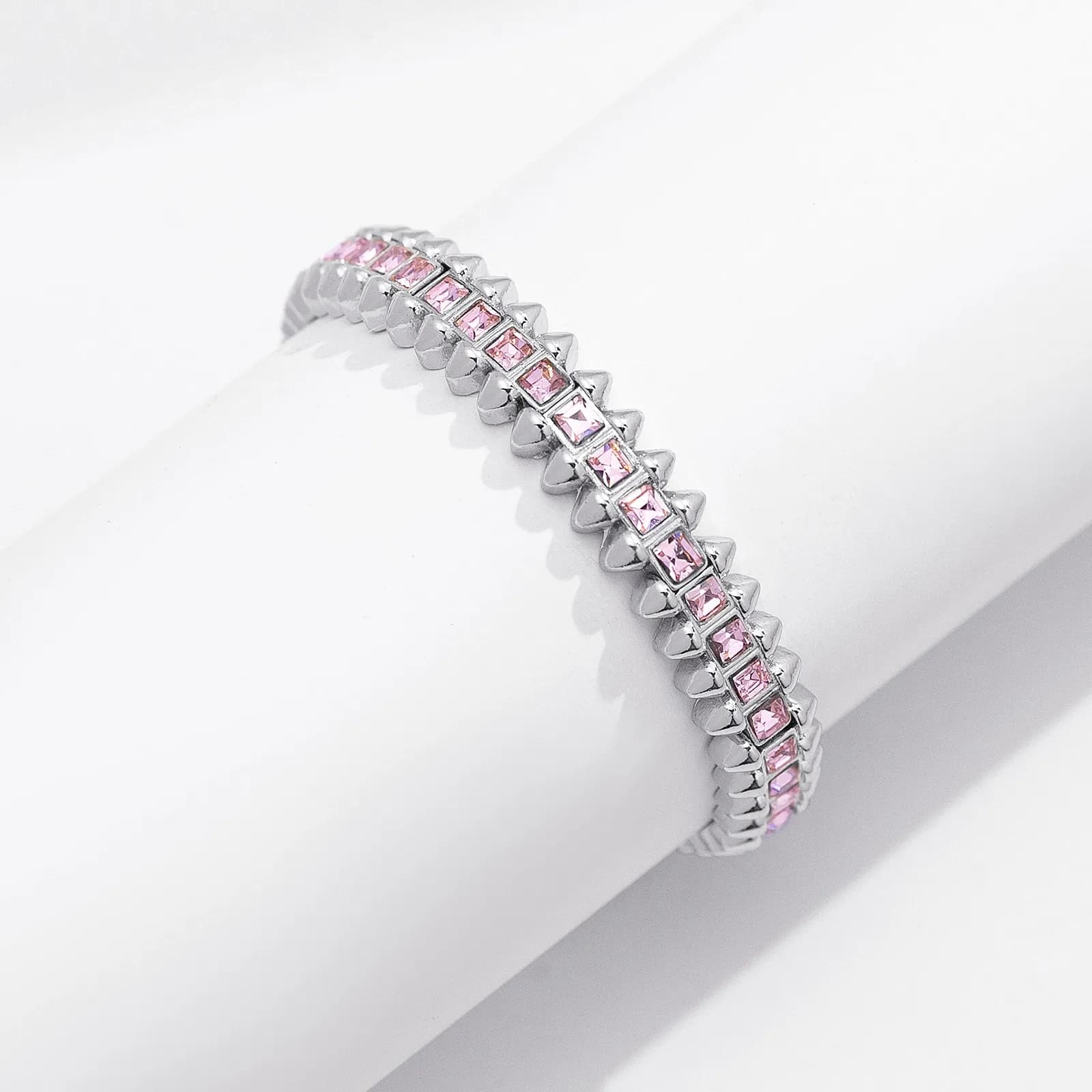 Silverfärgat armband Spike Noir, rosa stenar med nitar - Elastiskt 2
