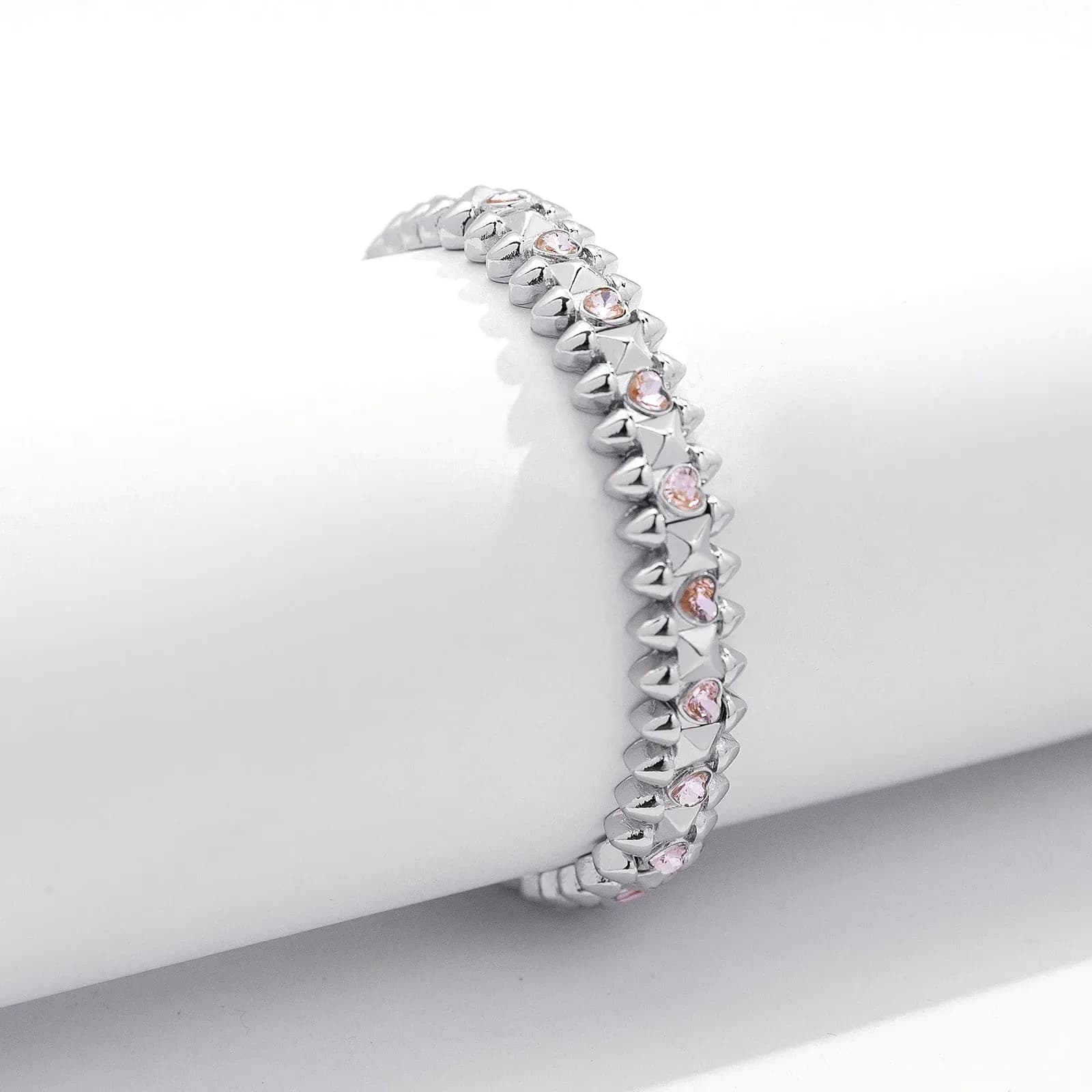 Silverfärgat armband Spike Noir, rosa hjärtan - Elastiskt