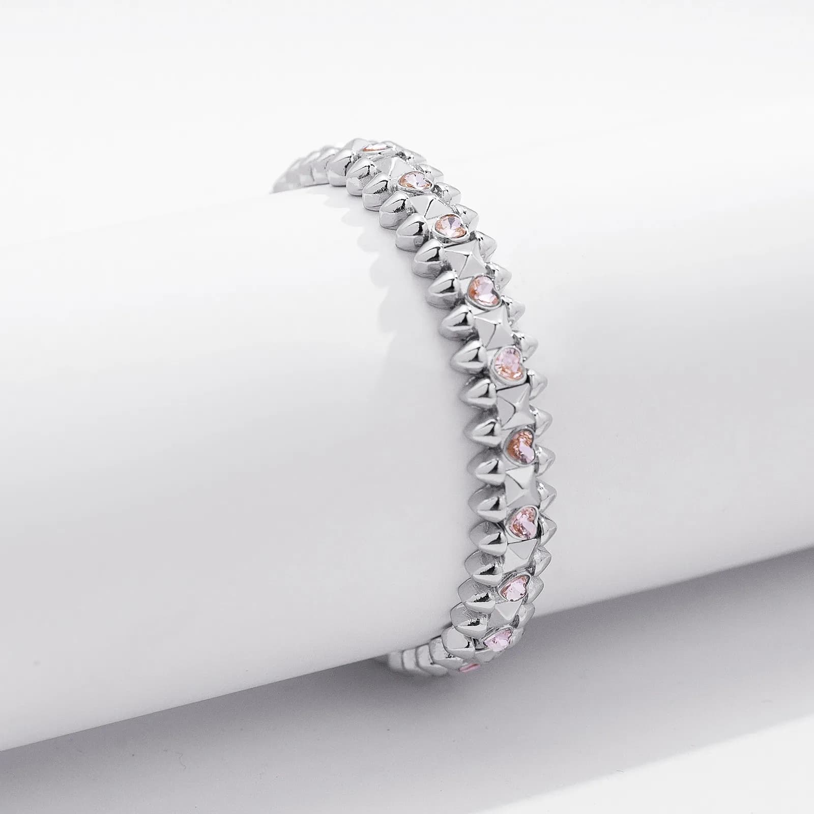 Silverfärgat armband Spike Noir, rosa hjärtan - Elastiskt 2