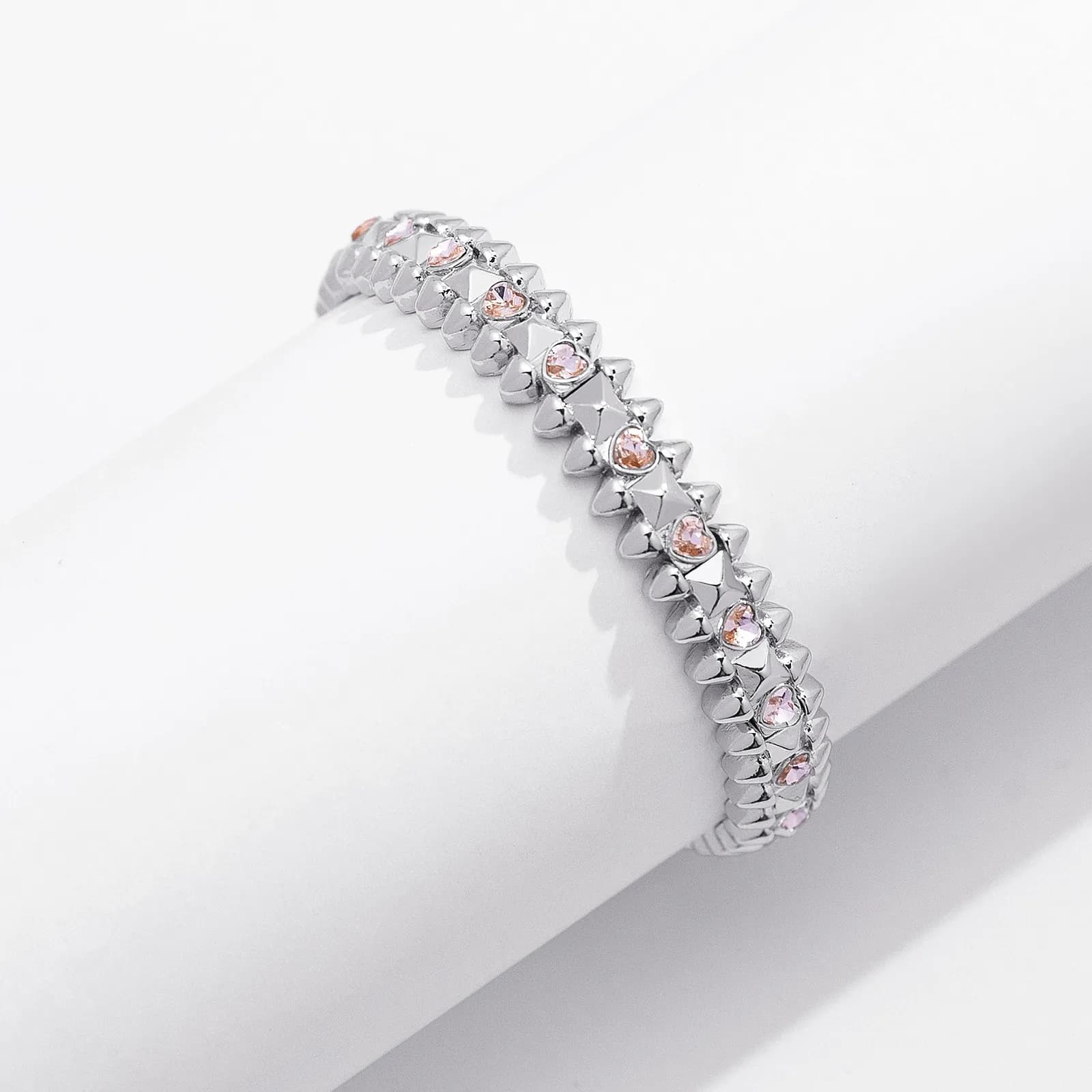 Silverfärgat armband Spike Noir, rosa hjärtan - Elastiskt 3