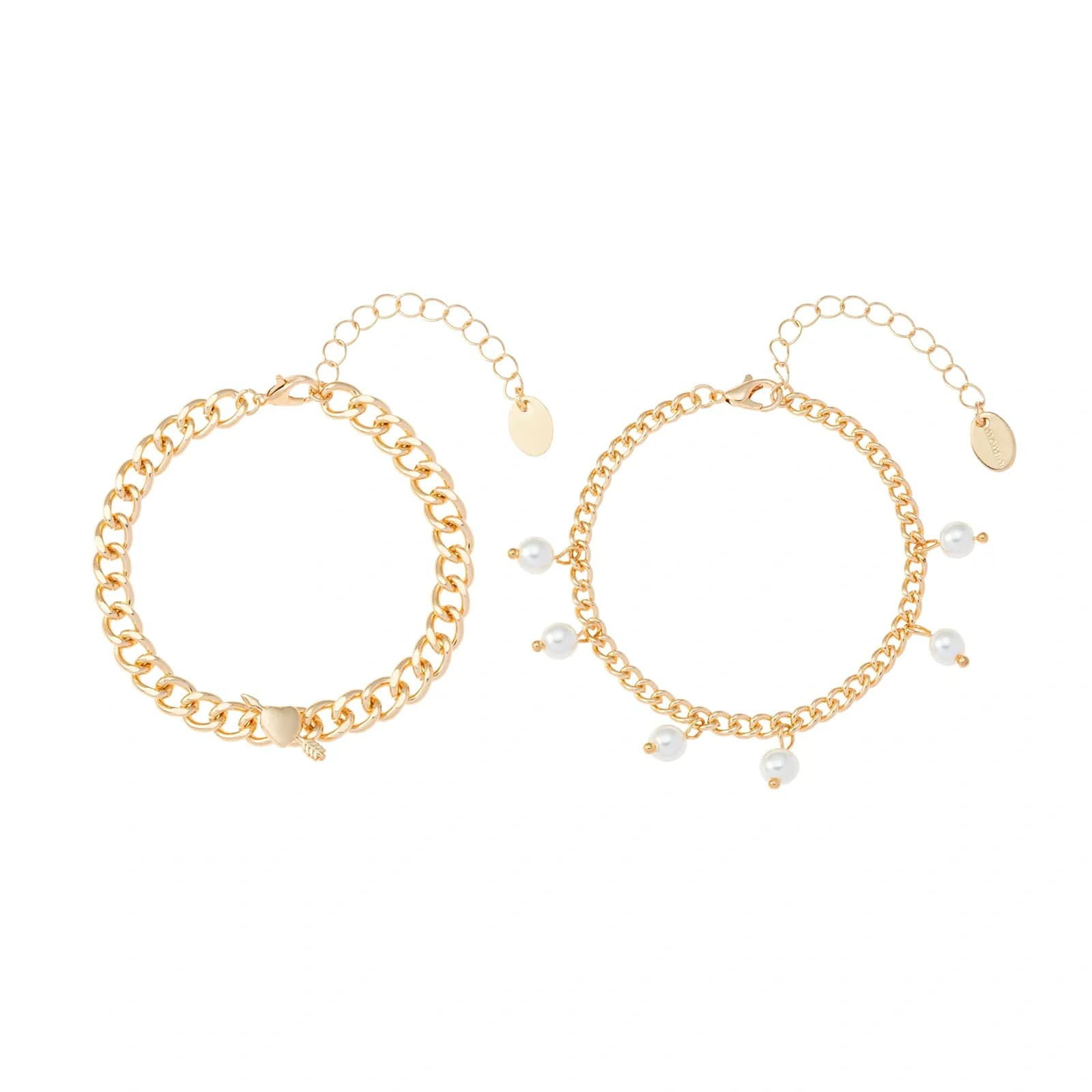 Guldfärgade armband, 2-pack pärlor och hjärta - 17+5 cm
