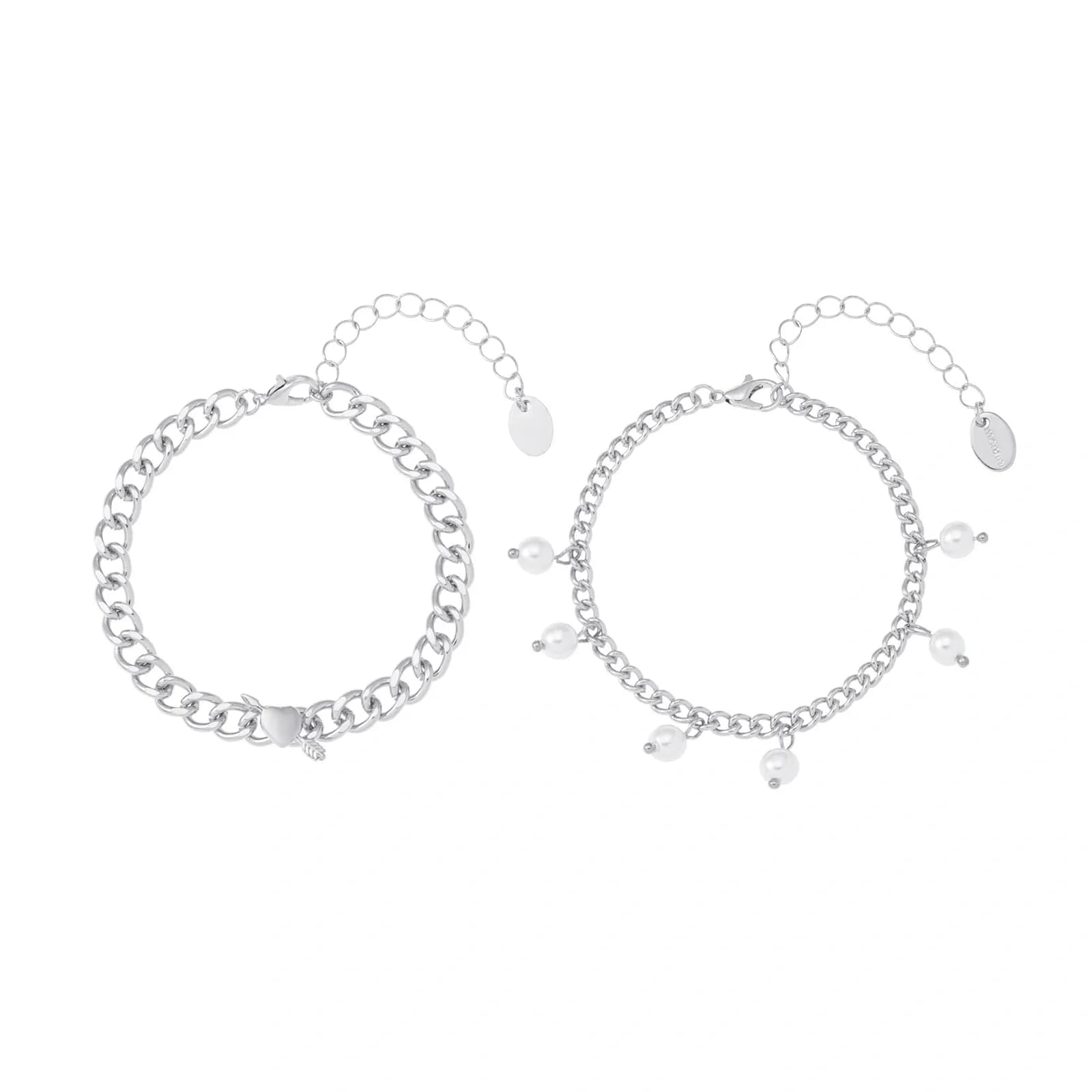 Silverfärgade armband, 2-pack pärlor och hjärta - 17+5 cm