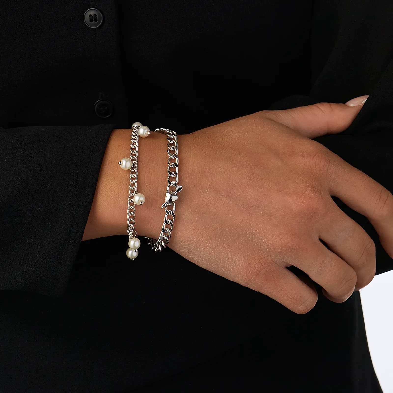 Silverfärgade armband, 2-pack pärlor och hjärta - 17+5 cm 3