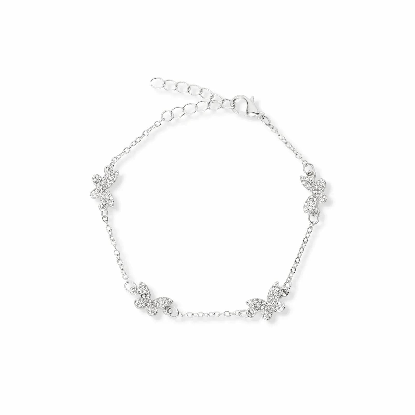 Silverfärgat armband, fjärilar med kristaller - 17+5 cm