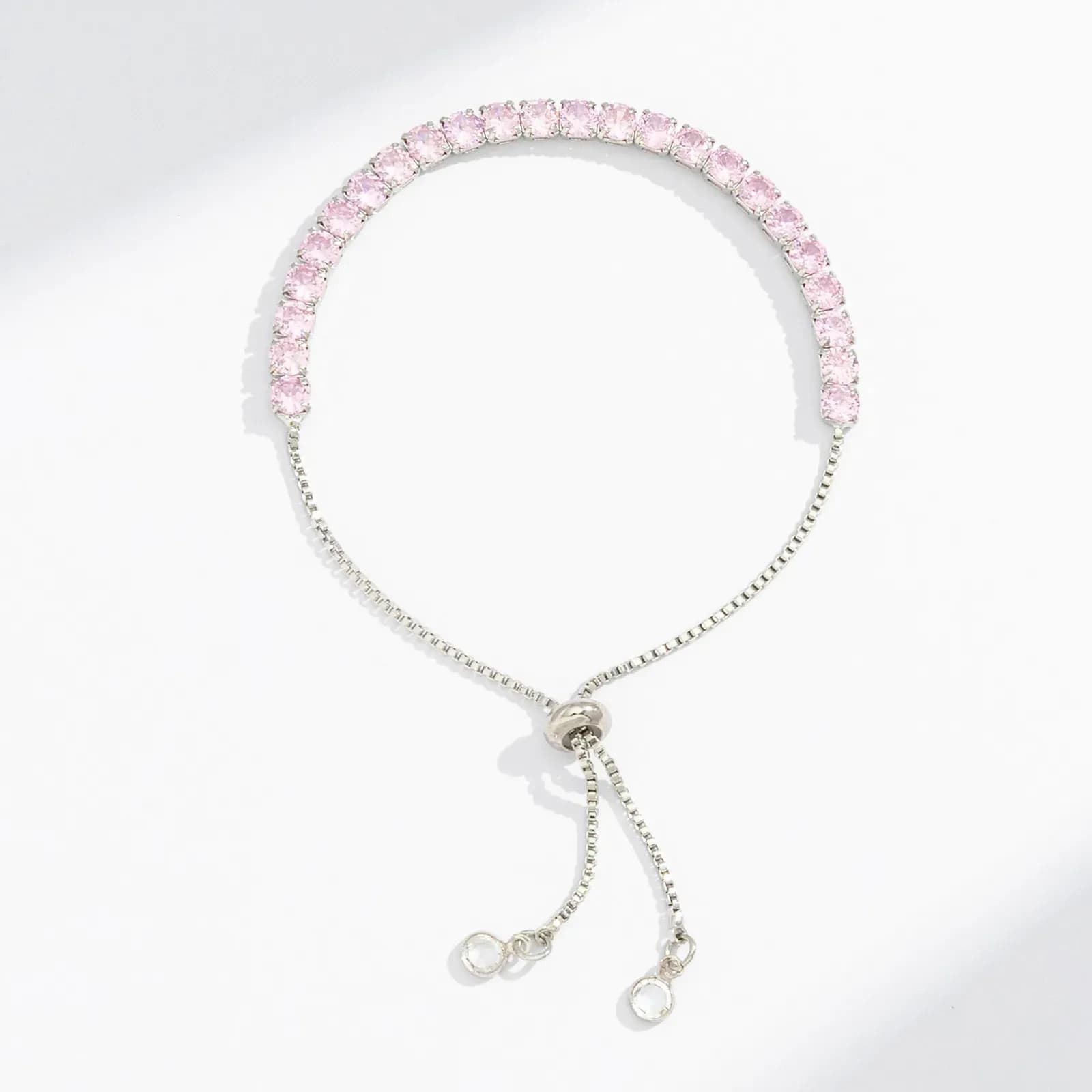 Silverfärgat armband, tennisarmband rosa glasstenar - Justerbar