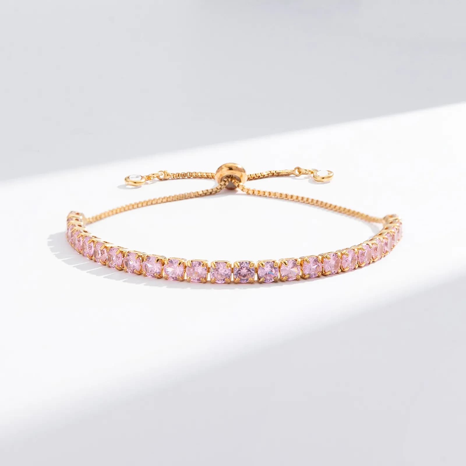 Guldfärgat armband, tennisarmband rosa glasstenar - Justerbar 2