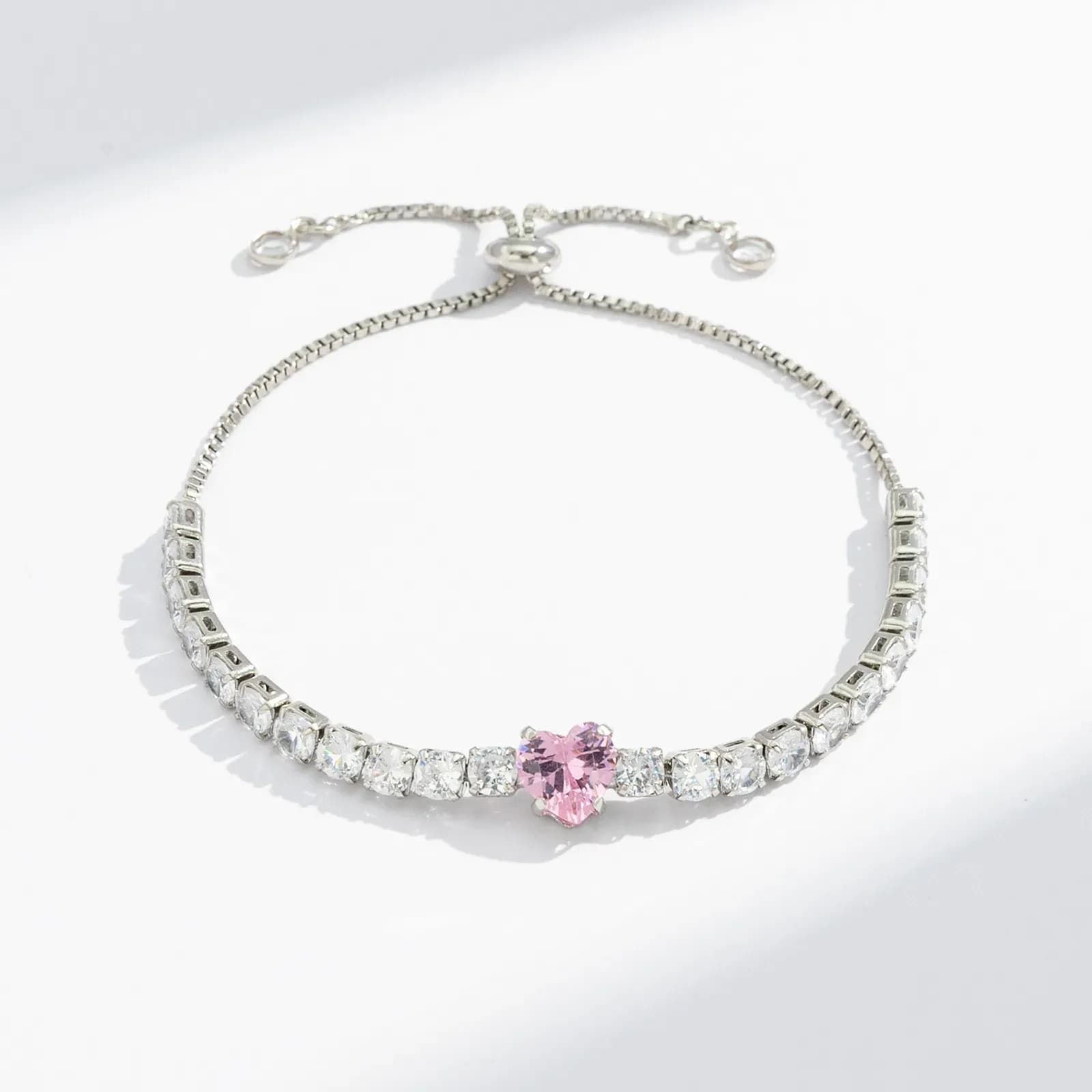 Silverfärgat tennisarmband, rosa hjärta - Justerbar 2