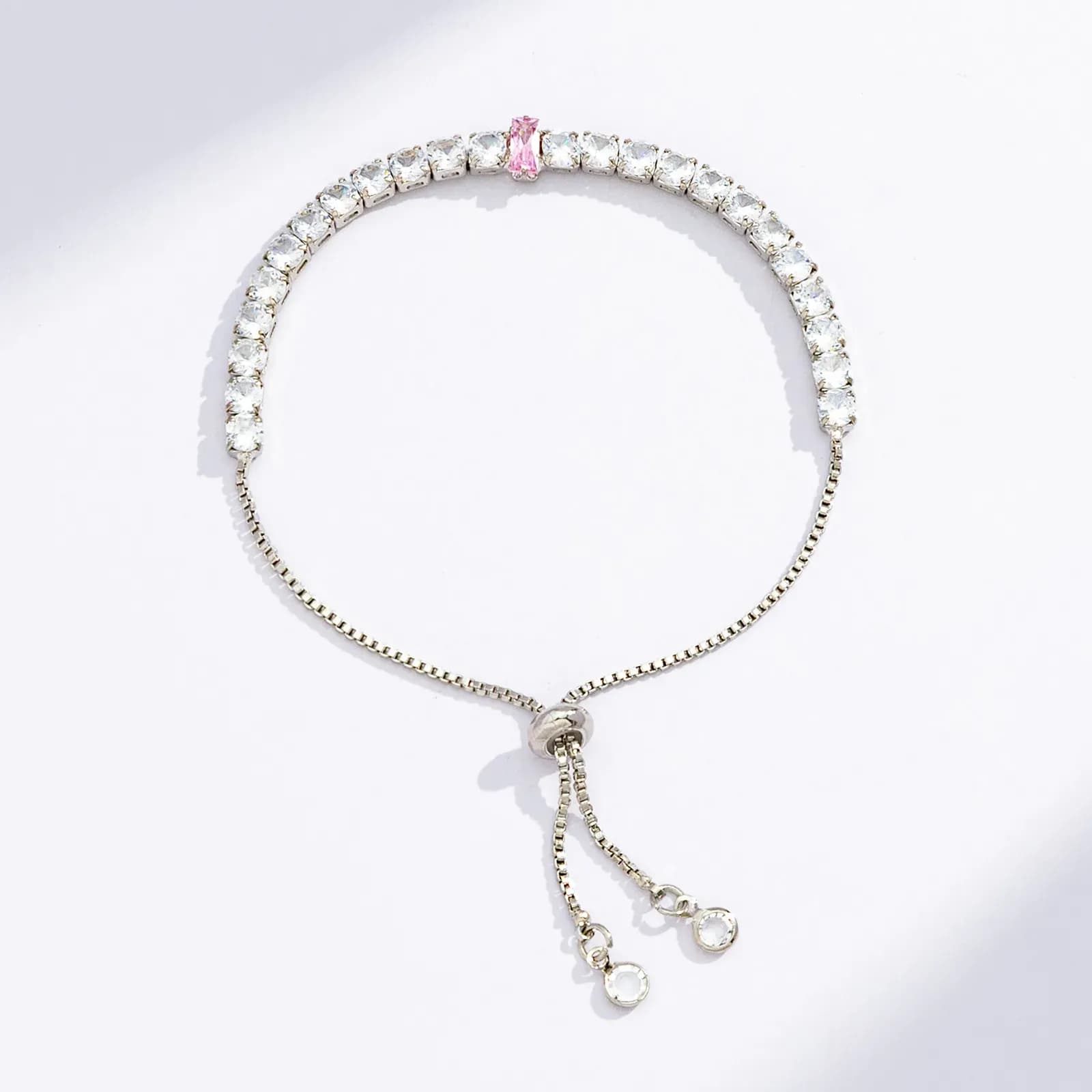Silverfärgat tennisarmband, rosa rektangulär glassten - Justerbar 2