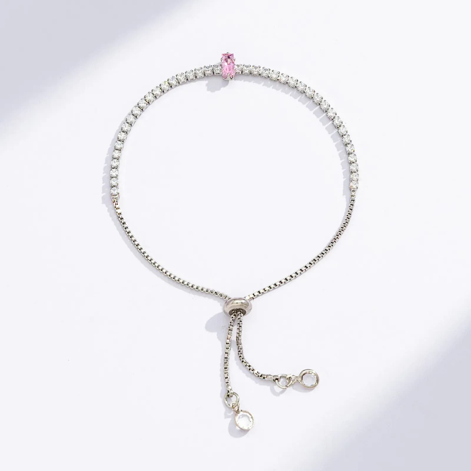 Silverfärgat tennisarmband, rosa rektangulär sten - Justerbar