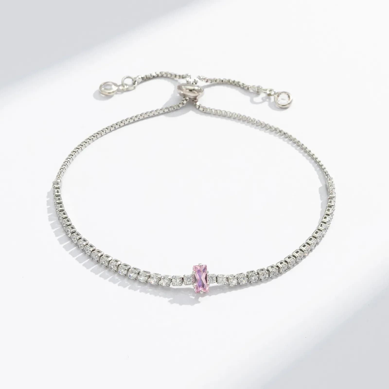 Silverfärgat tennisarmband, rosa rektangulär sten - Justerbar 2