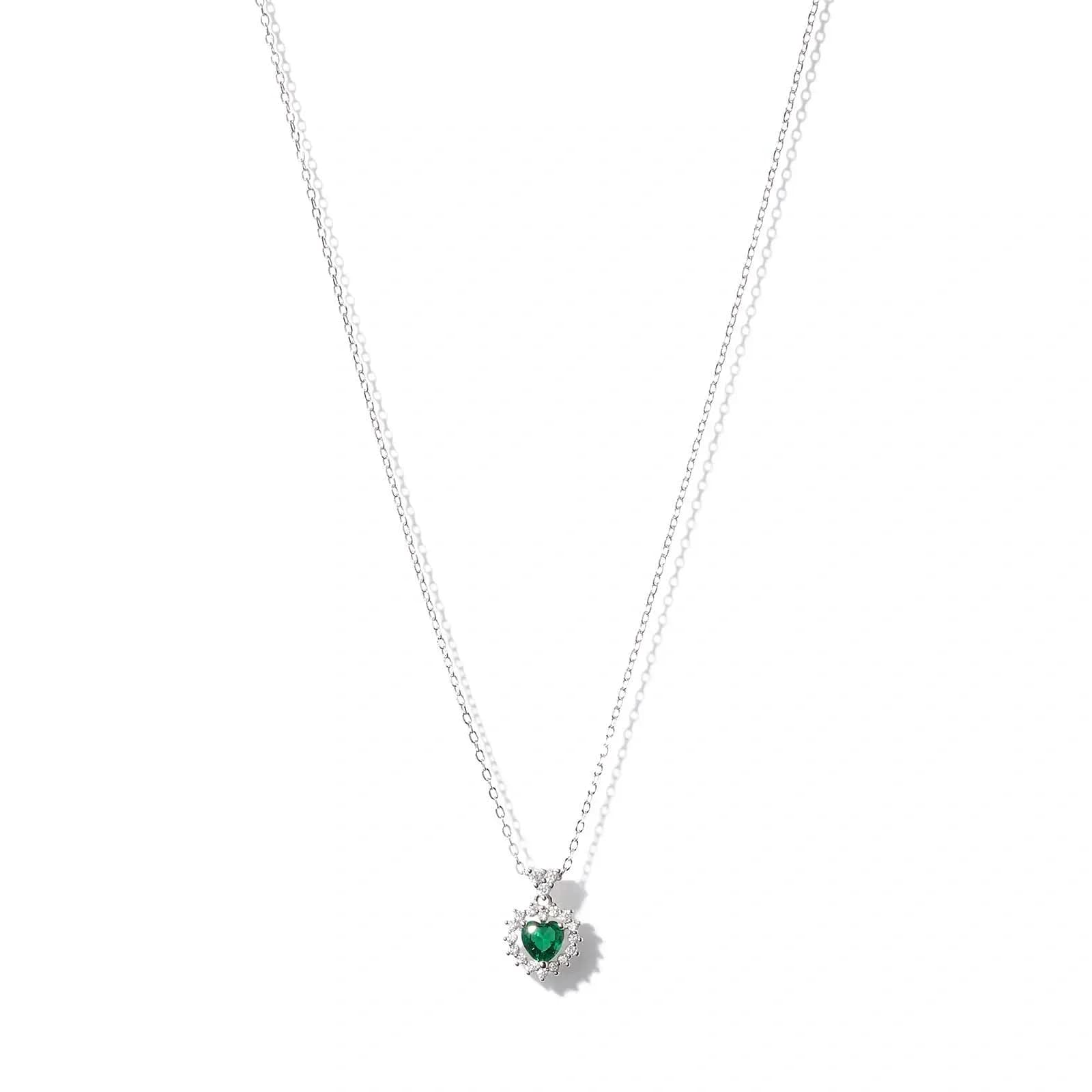 Halsband i äkta silver -  grönt hjärta med halo, 40+5cm