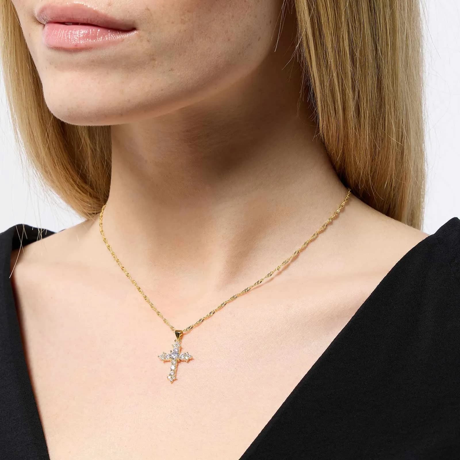 Halsband i guldpläterat silver - kors med Zirkonia, 40+5cm 2