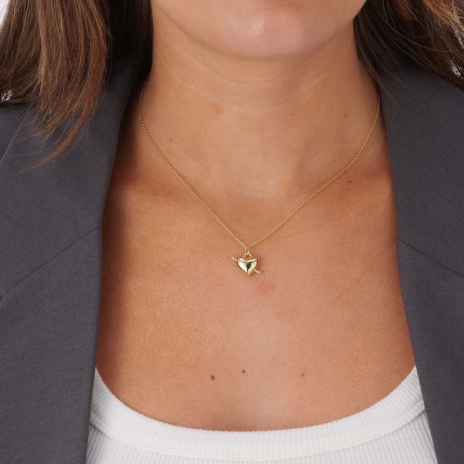 Guldpläterat silverhalsband, 15mm hjärta med pil - 42+3cm 2