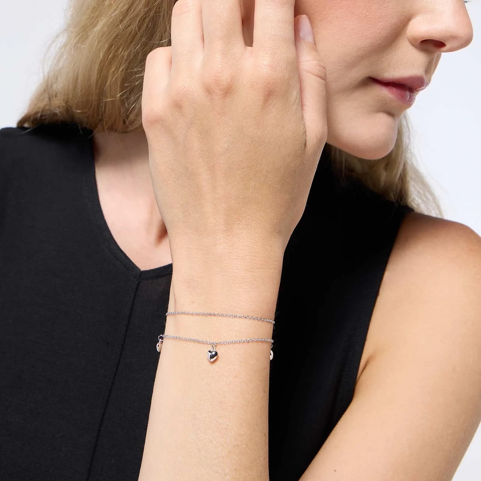 Armband dam, äkta silver - två rader, hjärtan 2