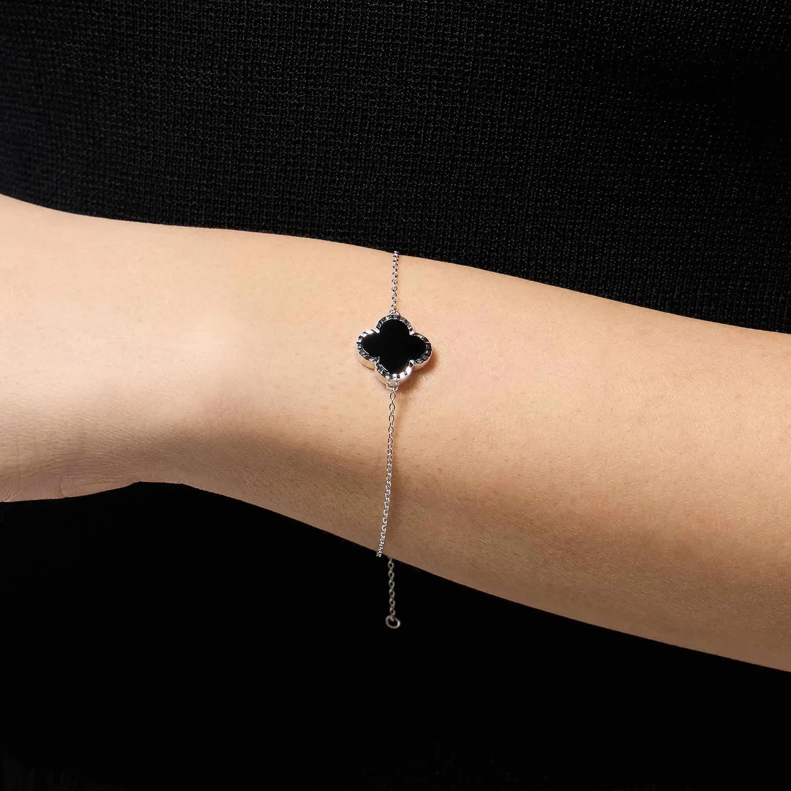 Armband dam, äkta silver - fyrklöver, svart onyx 2