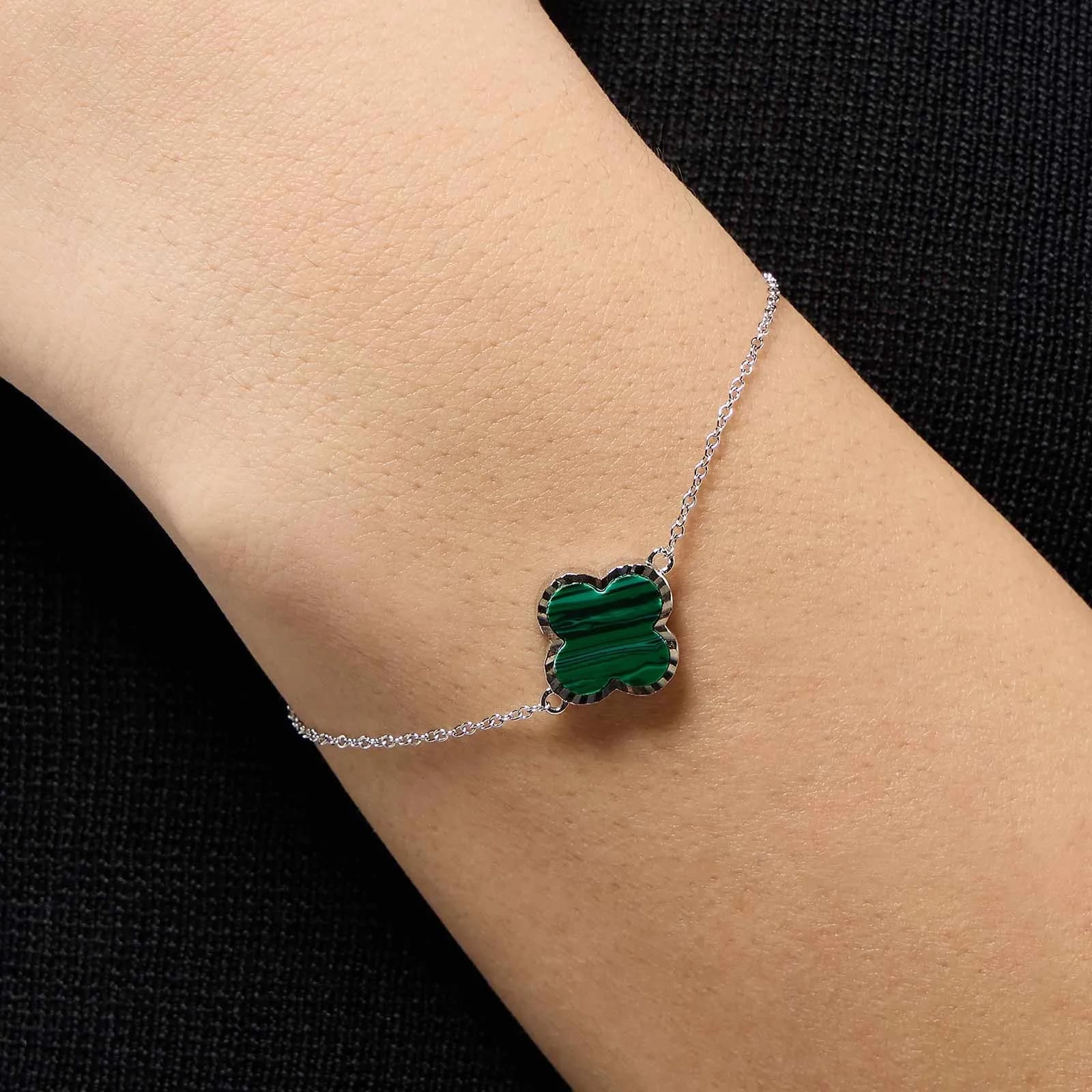 Armband dam, äkta silver - fyrklöver, grön malakit 2