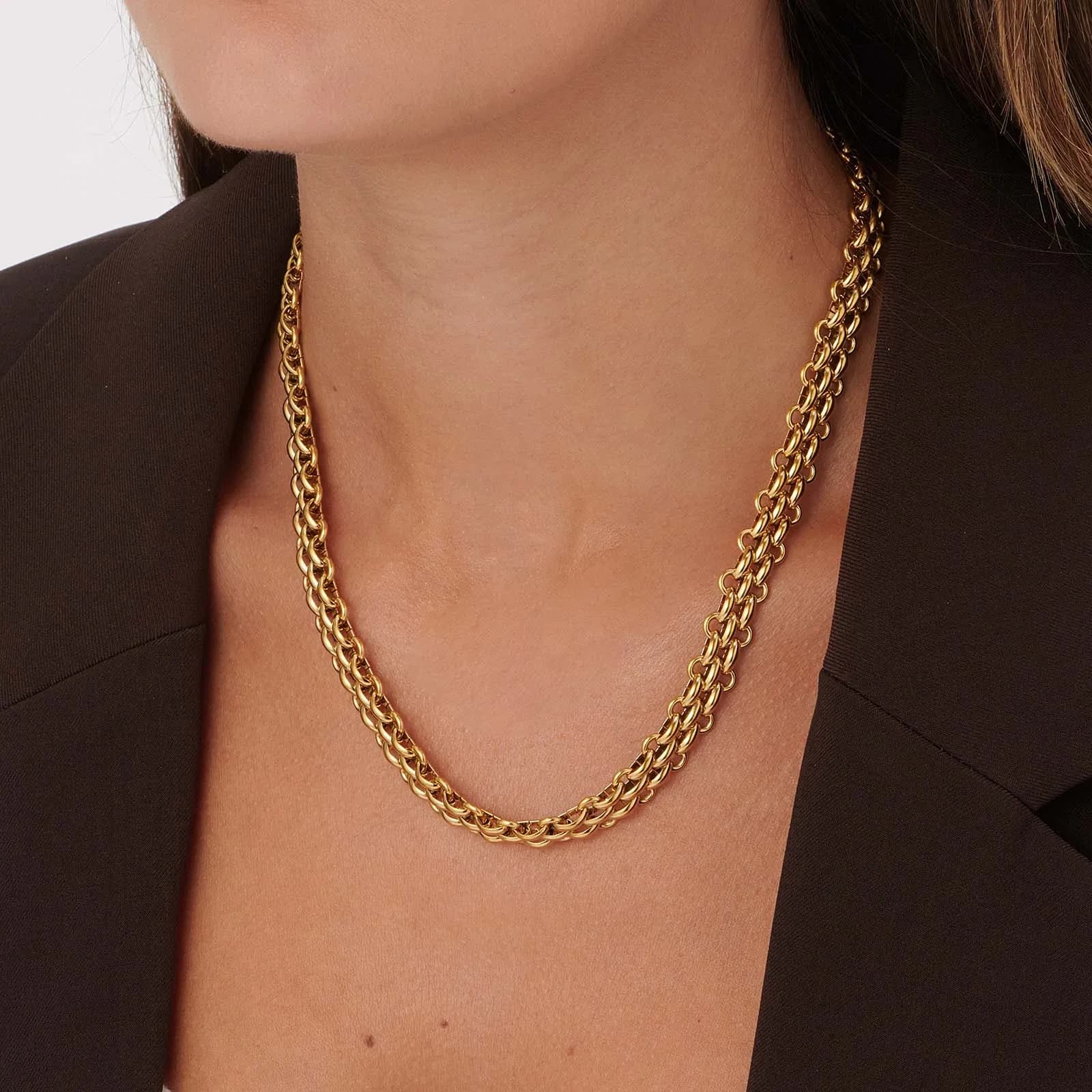 Guldpläterat stålhalsband, tre rader länkar - 40+5cm 2