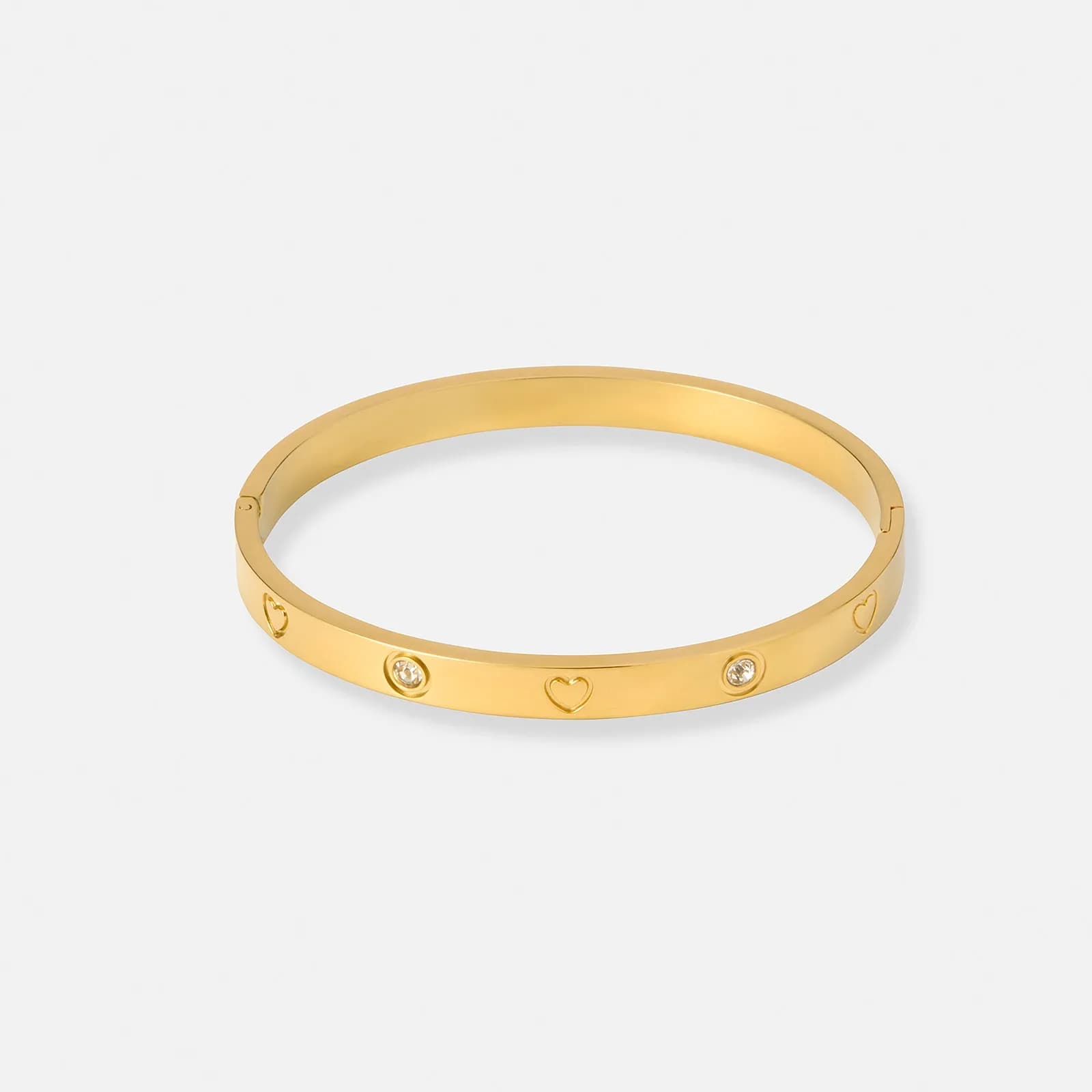 Guldpläterat stålarmband, bangle 6 mm med hjärtan