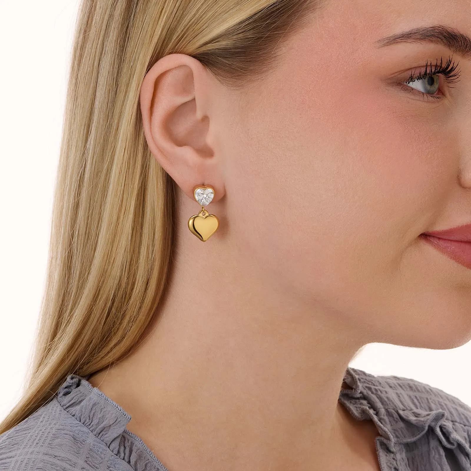Guldpläterade stålörhängen Kubisk Zirkonia och hjärtan - 24x14  mm 2