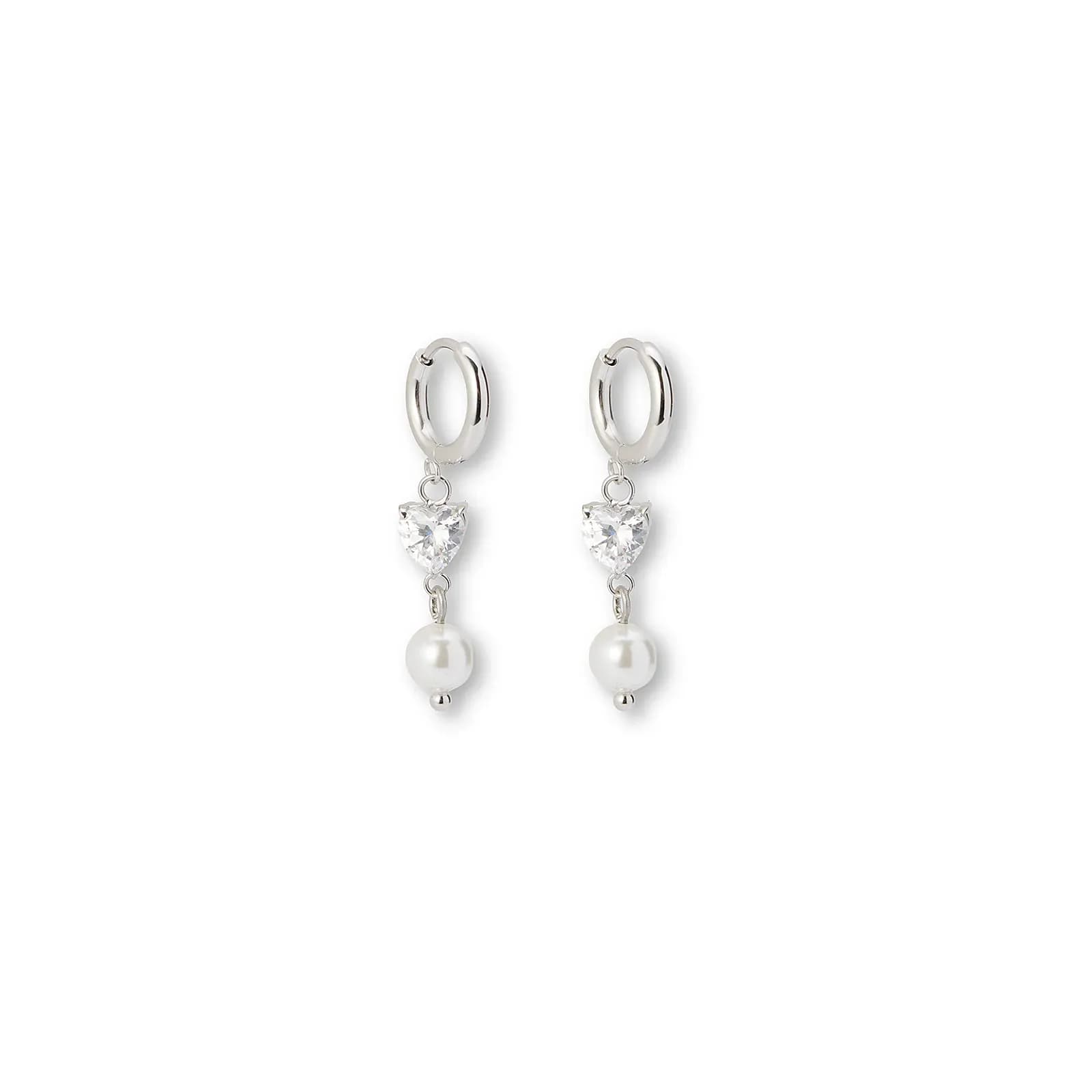 Silverfärgade örhängen creoler, vitt hjärta & pärla - 3,2 cm