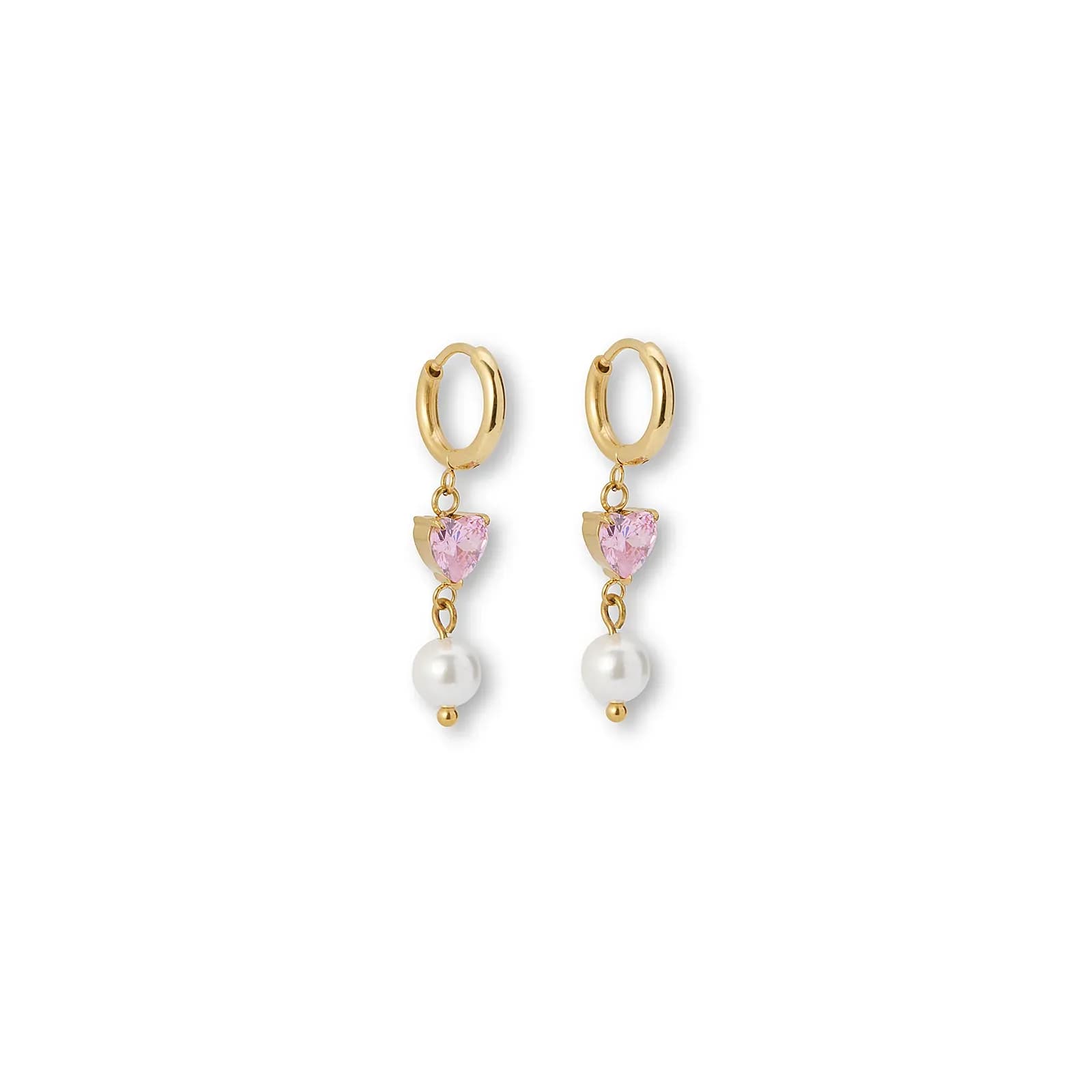 Guldfärgade örhängen creoler, rosa hjärta & pärla - 3,2 cm