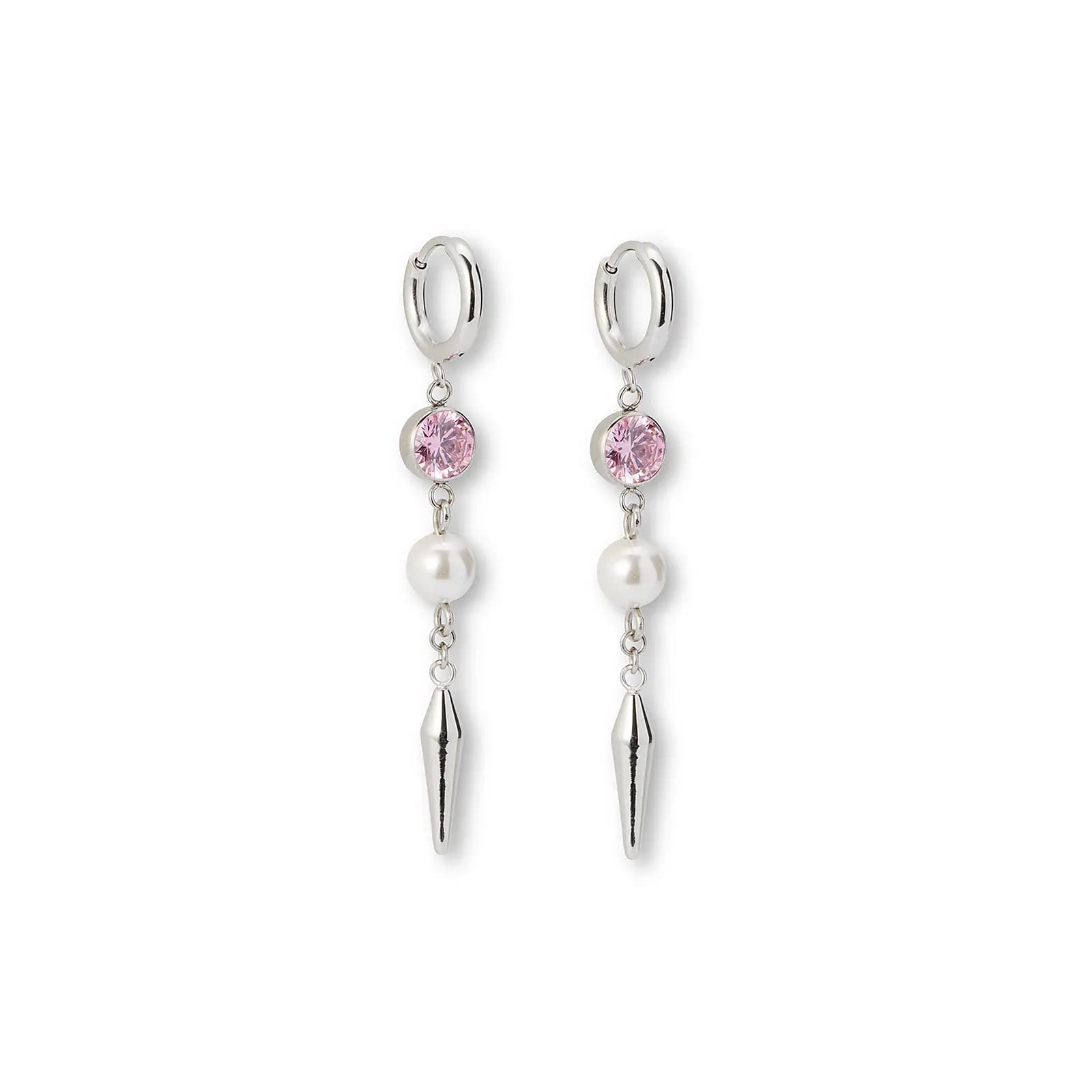 Silverfärgade örhängen creoler, rosa sten & spike - 6 cm