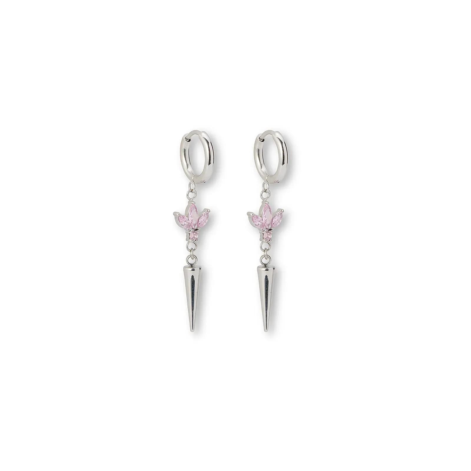 Silverfärgade örhängen creoler, rosa stenar & spike - 4 cm