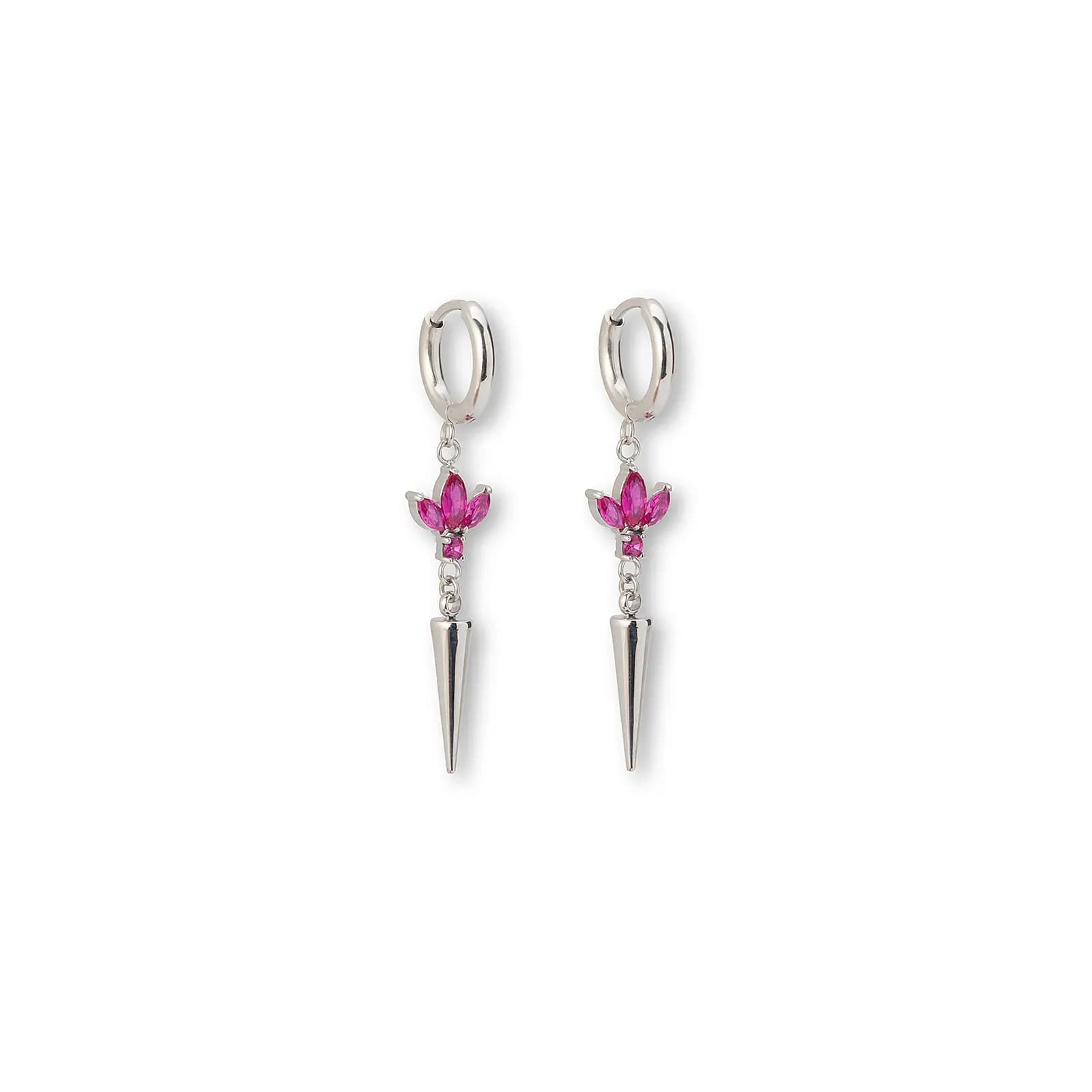 Silverfärgade örhängen creoler, röda stenar & spike - 4 cm