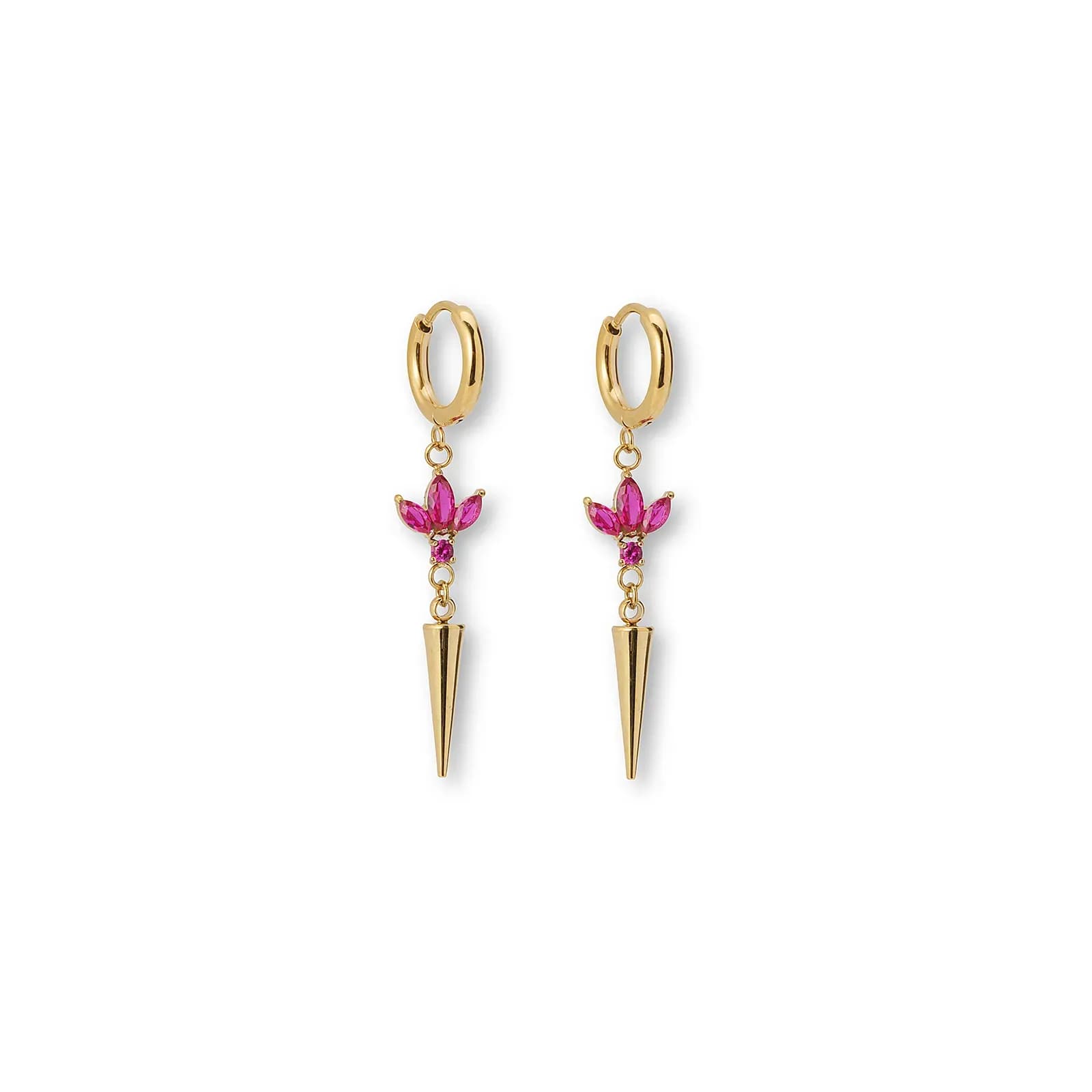 Guldfärgade örhängen creoler, röda stenar & spike - 4 cm