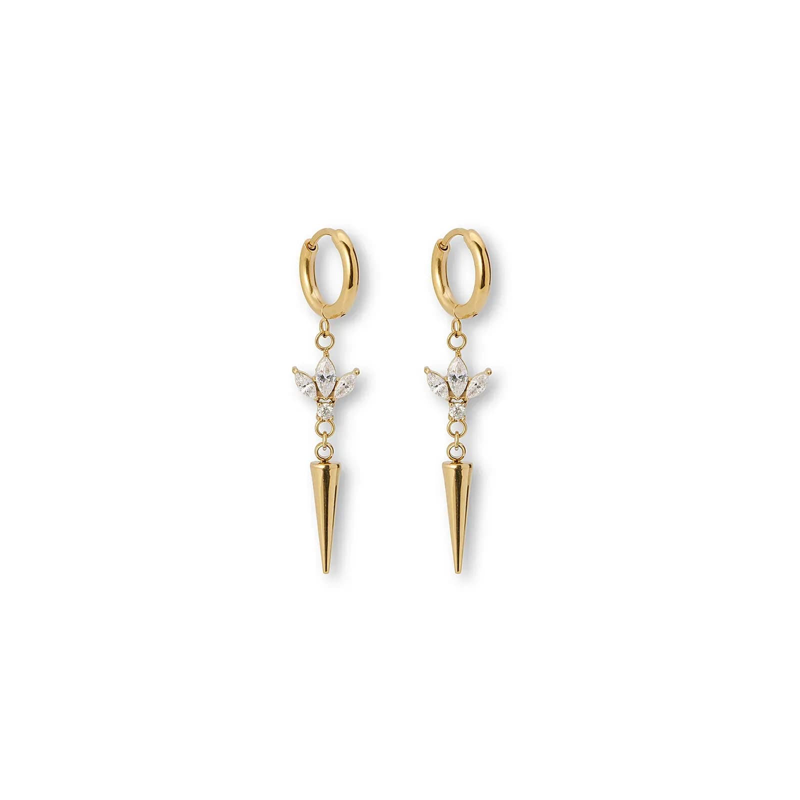 Guldfärgade örhängen creoler, klara stenar & spike - 4 cm