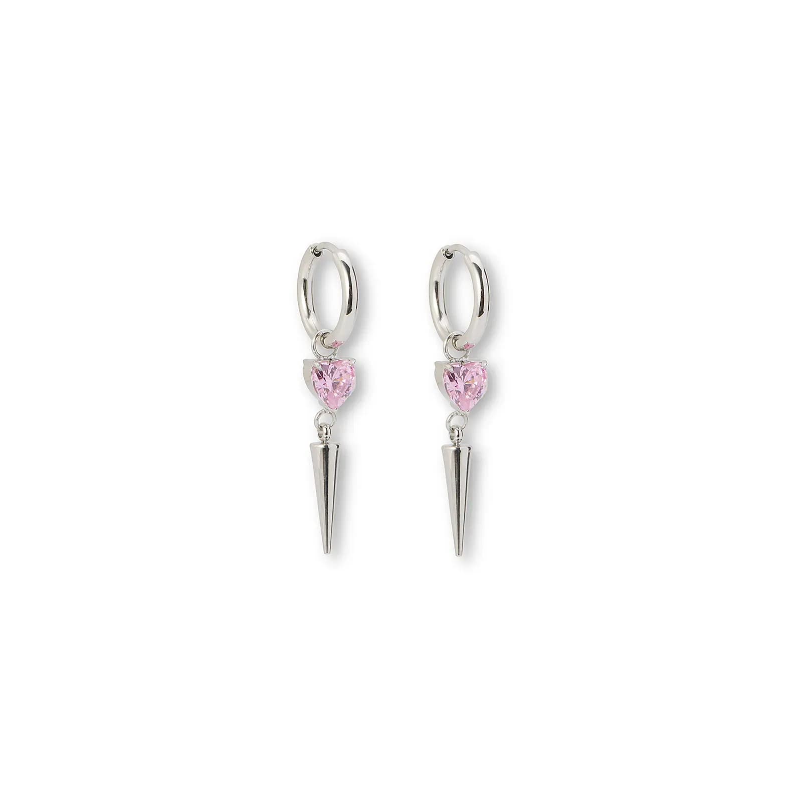 Stålörhängen creoler med rosa hjärta cz och spike - 4 cm