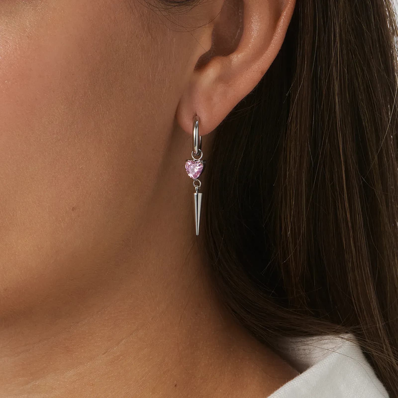 Stålörhängen creoler med rosa hjärta cz och spike - 4 cm 2