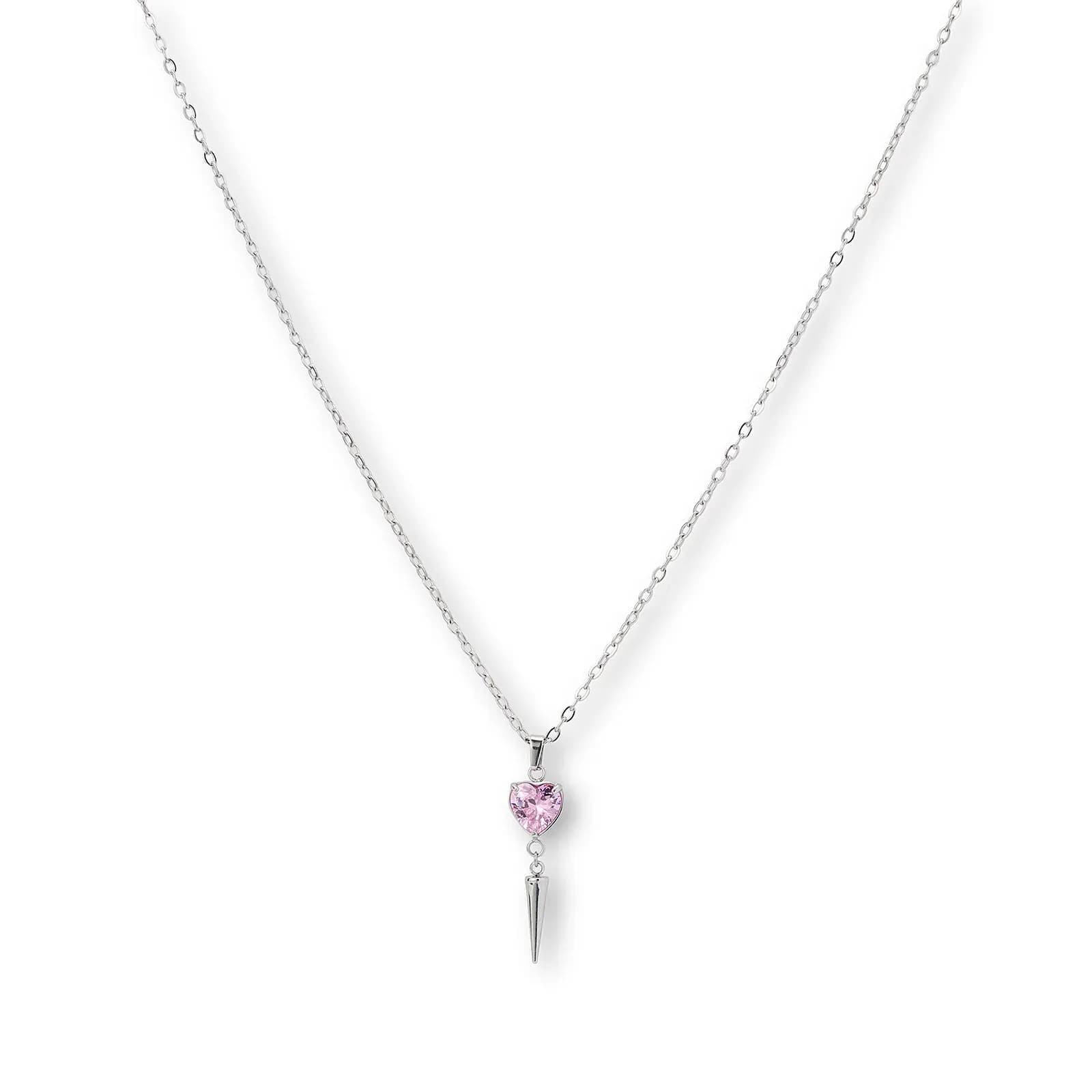 Stålhalsband för dam, rosa hjärtformad CZ och spetsig spik - 40+5 cm