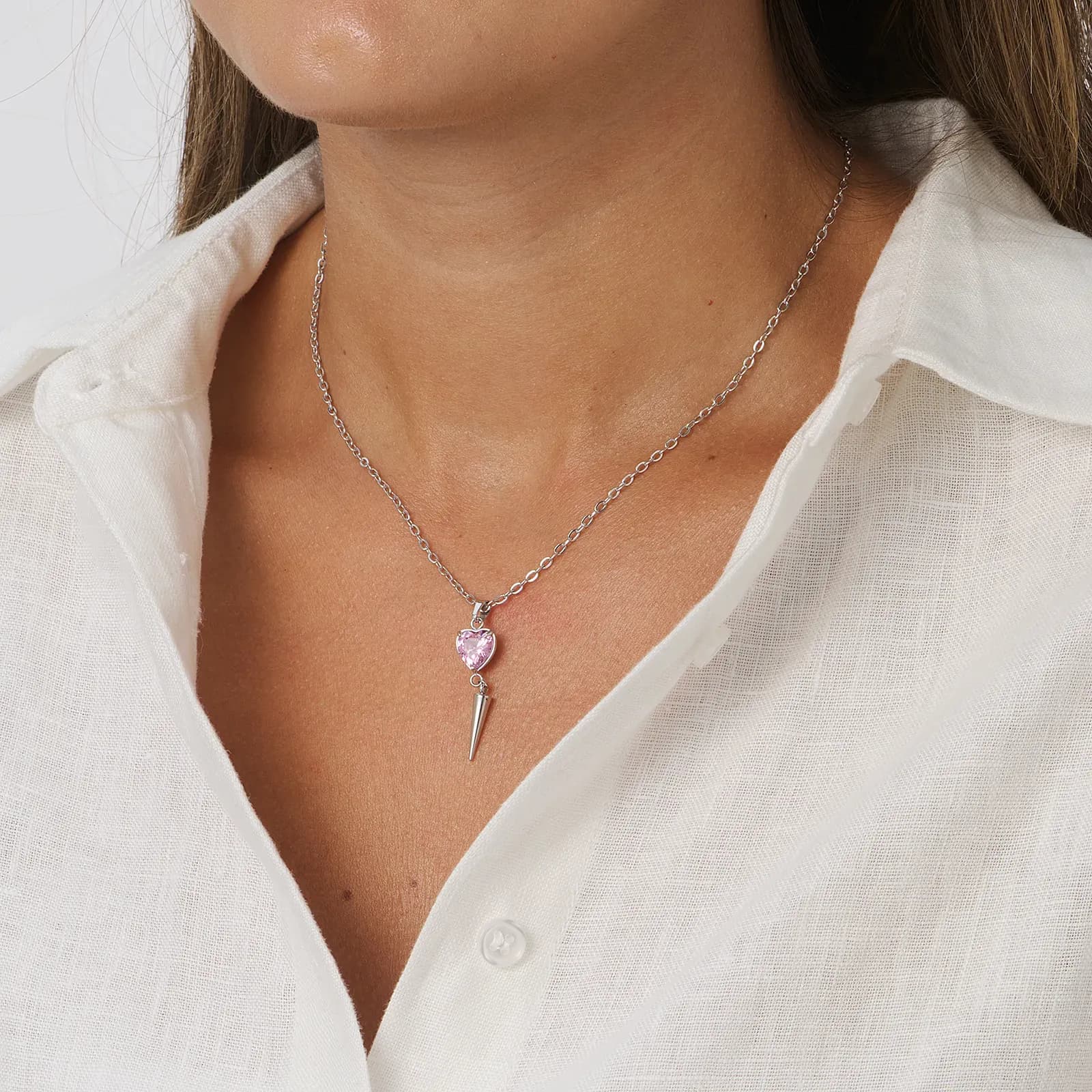 Stålhalsband för dam, rosa hjärtformad CZ och spetsig spik - 40+5 cm 2