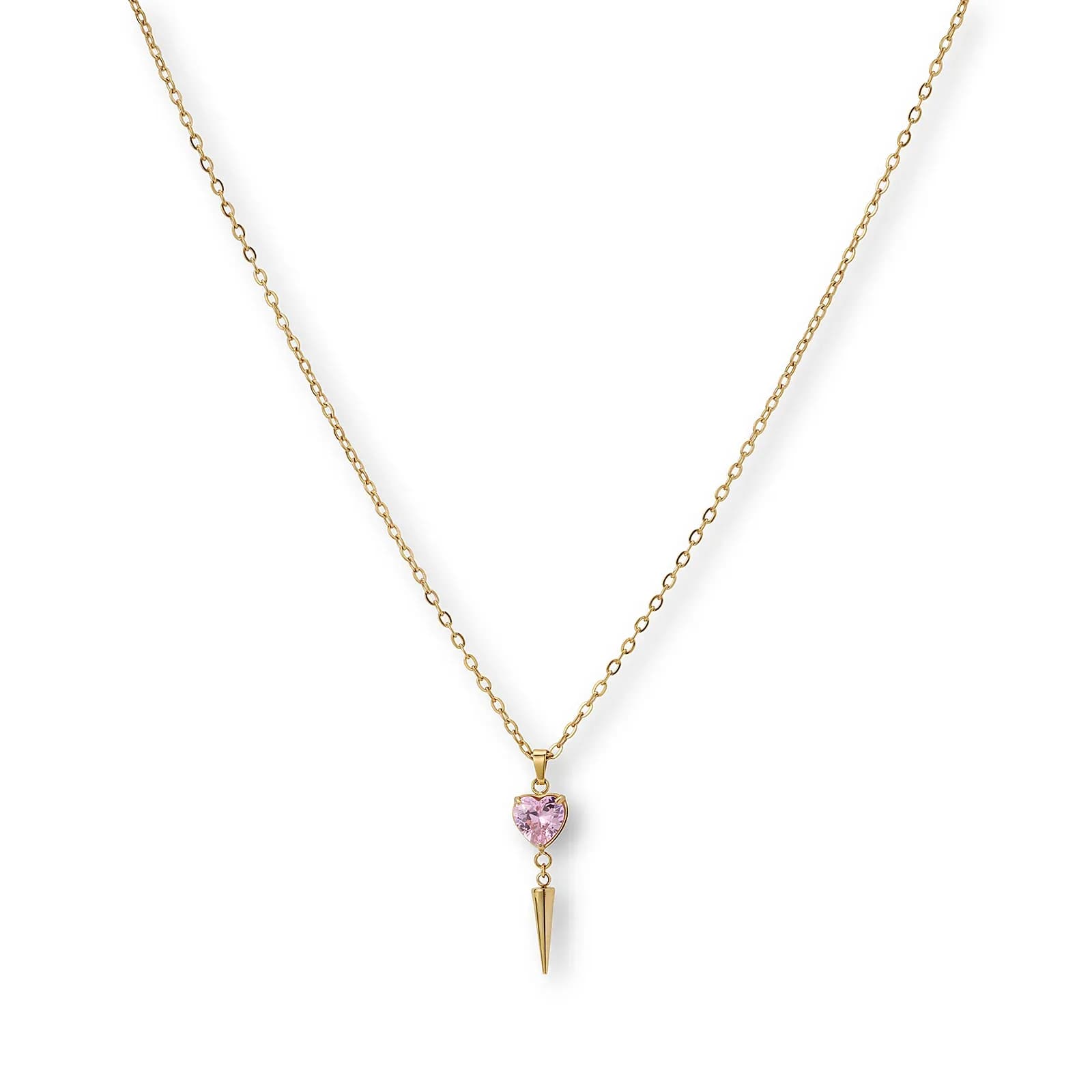 Guldpläterat stålhalsband för dam, rosa hjärta i CZ med spik - 40+5 cm 1