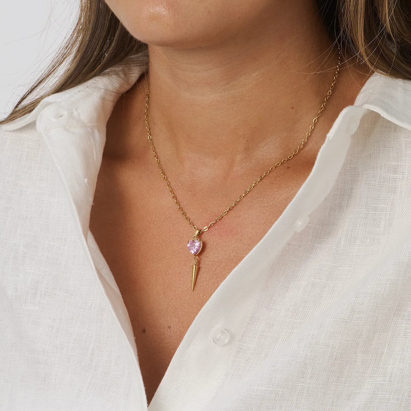 Guldpläterat stålhalsband för dam, rosa hjärta i CZ med spik - 40+5 cm 2