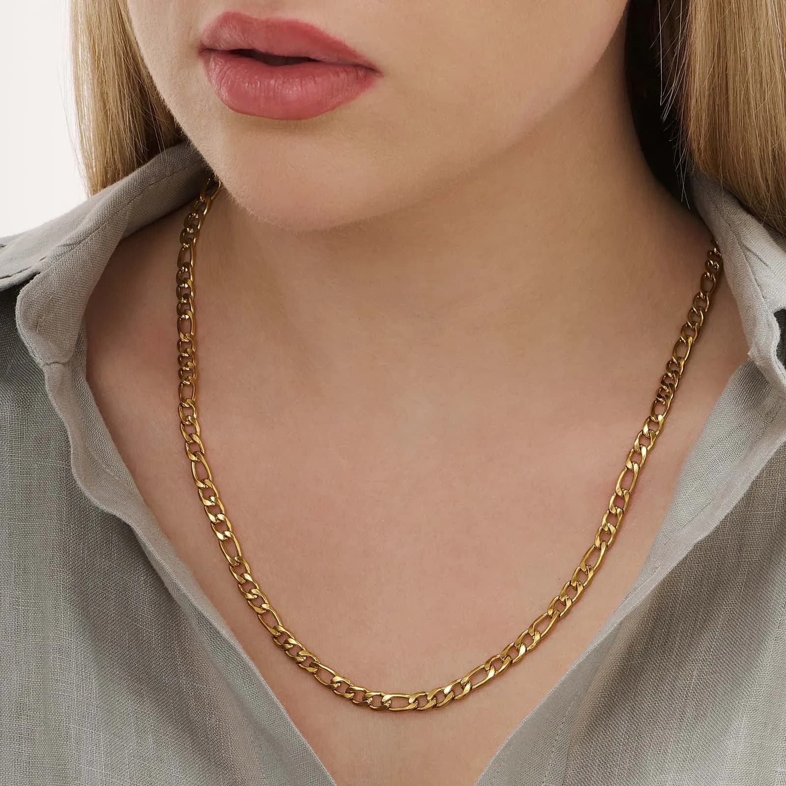 Guldpläterat stålhalsband figarolänk 5mm 2