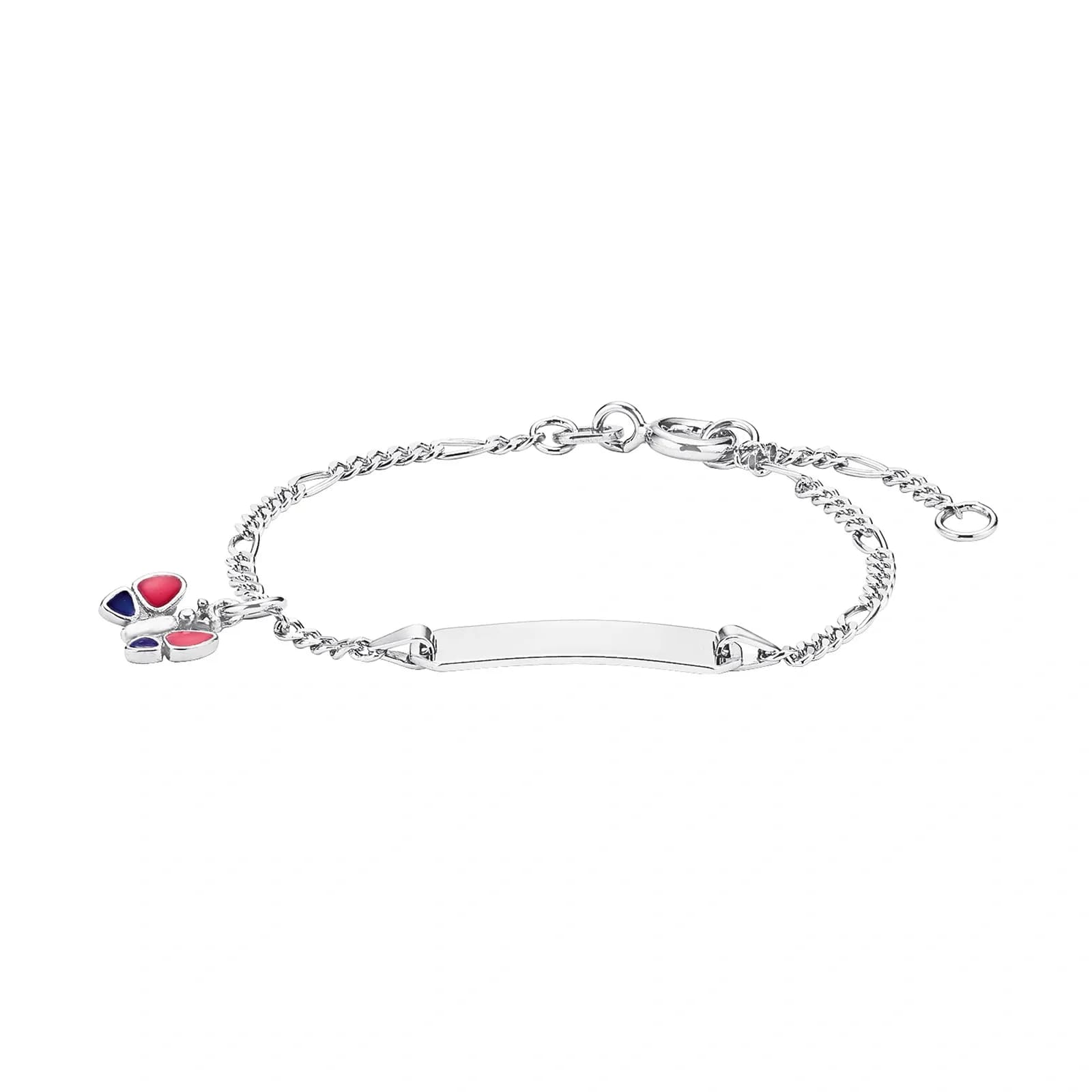 Silverarmband barn, figarolänk med fjäril och id-bricka - 12–14 cm