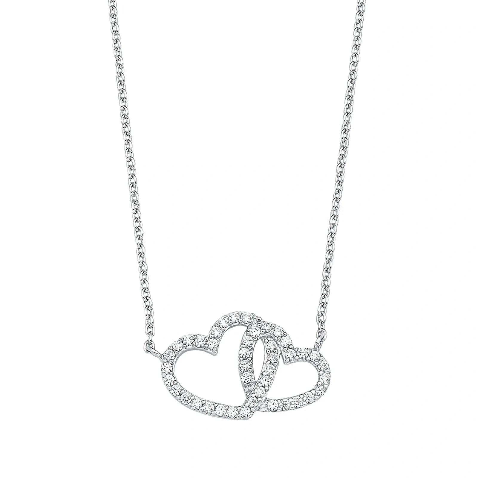 Silverhalsband, sammanflätade hjärtan med vita stenar - 45 cm